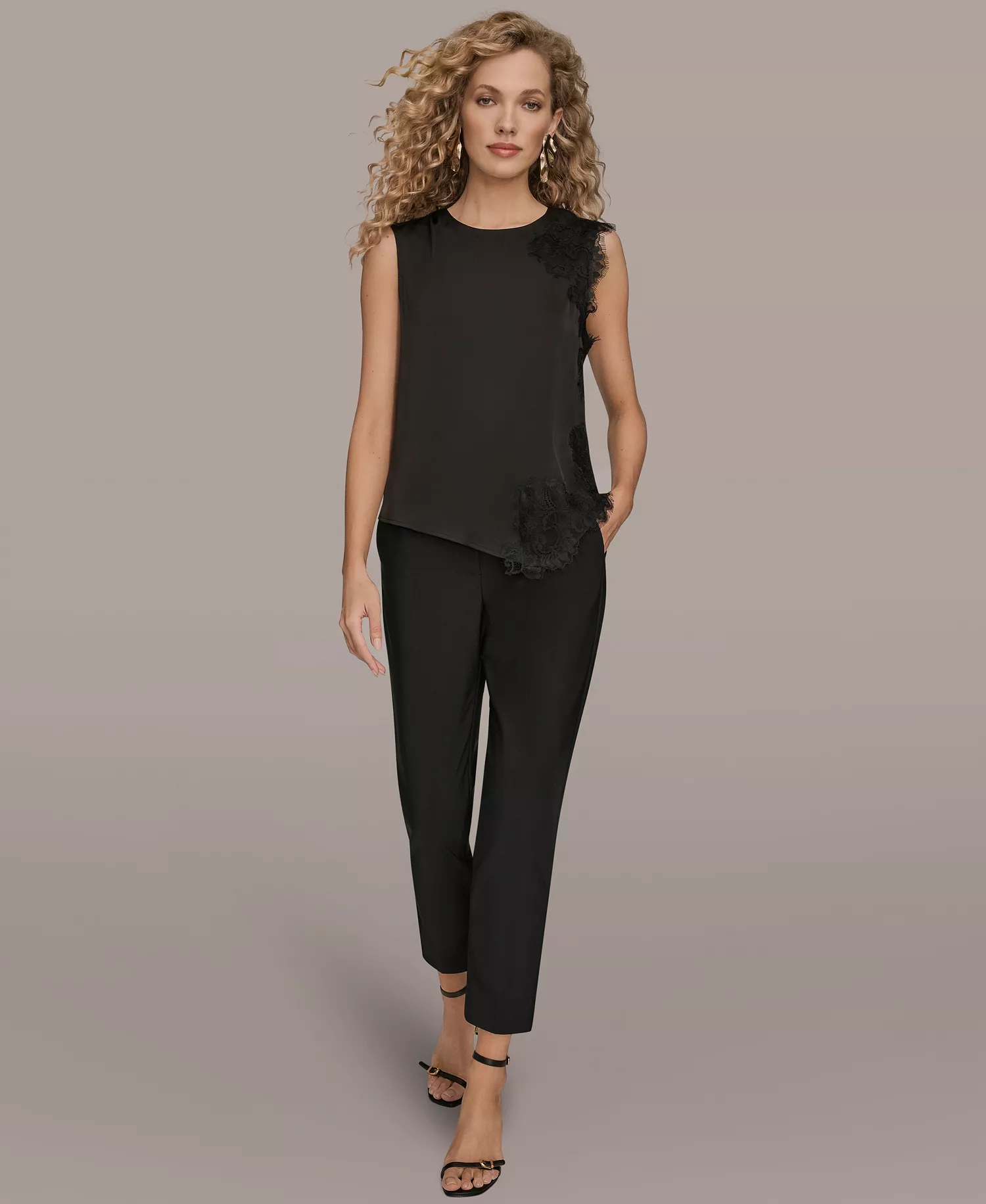 Women's Sleeveless Embellished Lace Trim Top - Black - L