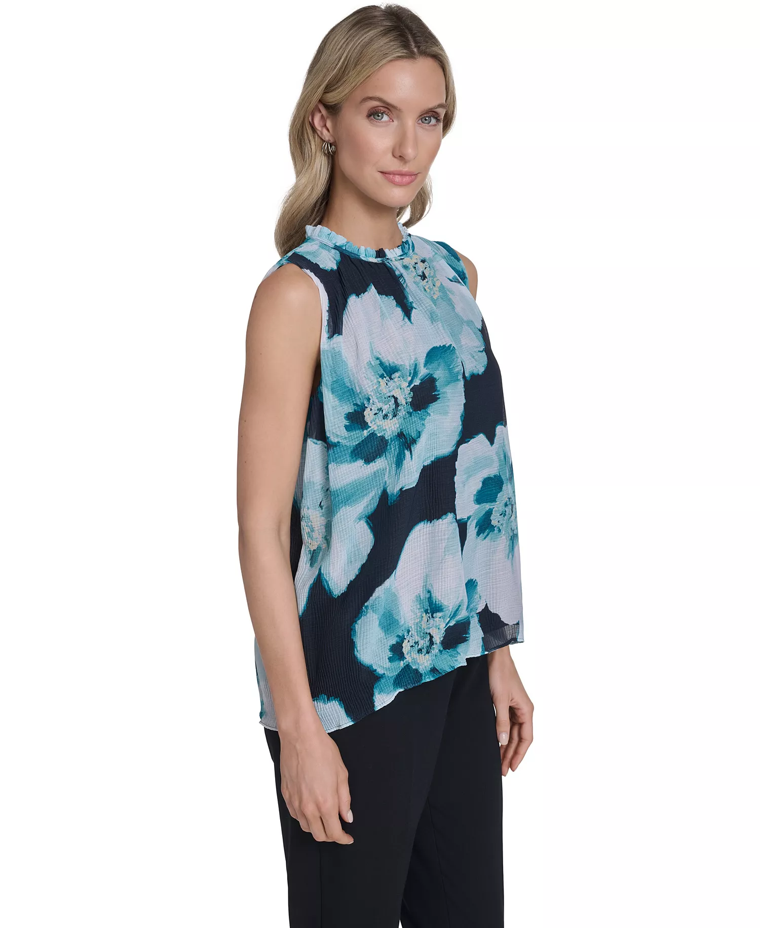 Women's Textured Ruffle Neck Top - Navy/seaspray Multi - L