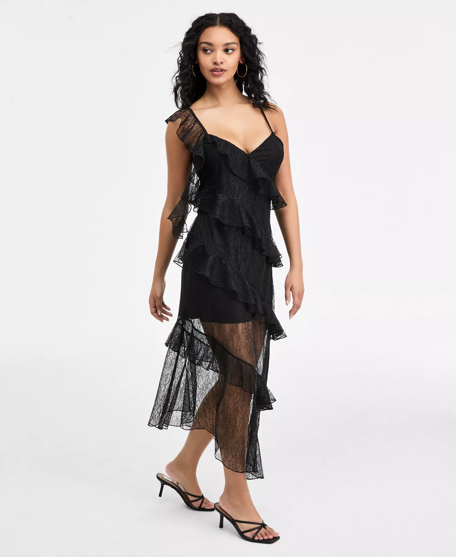 Women's Tiered Ruffle Sleeveless Midi Dress, Macy's Exclusive - Black Lace - L