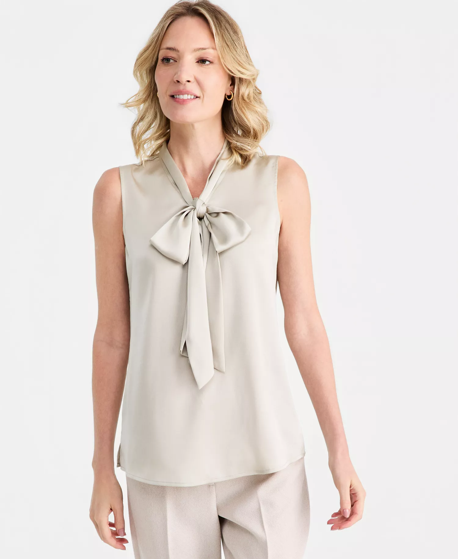 Women's Tie-Neck Hammered-Satin Top - Oatmeal - L