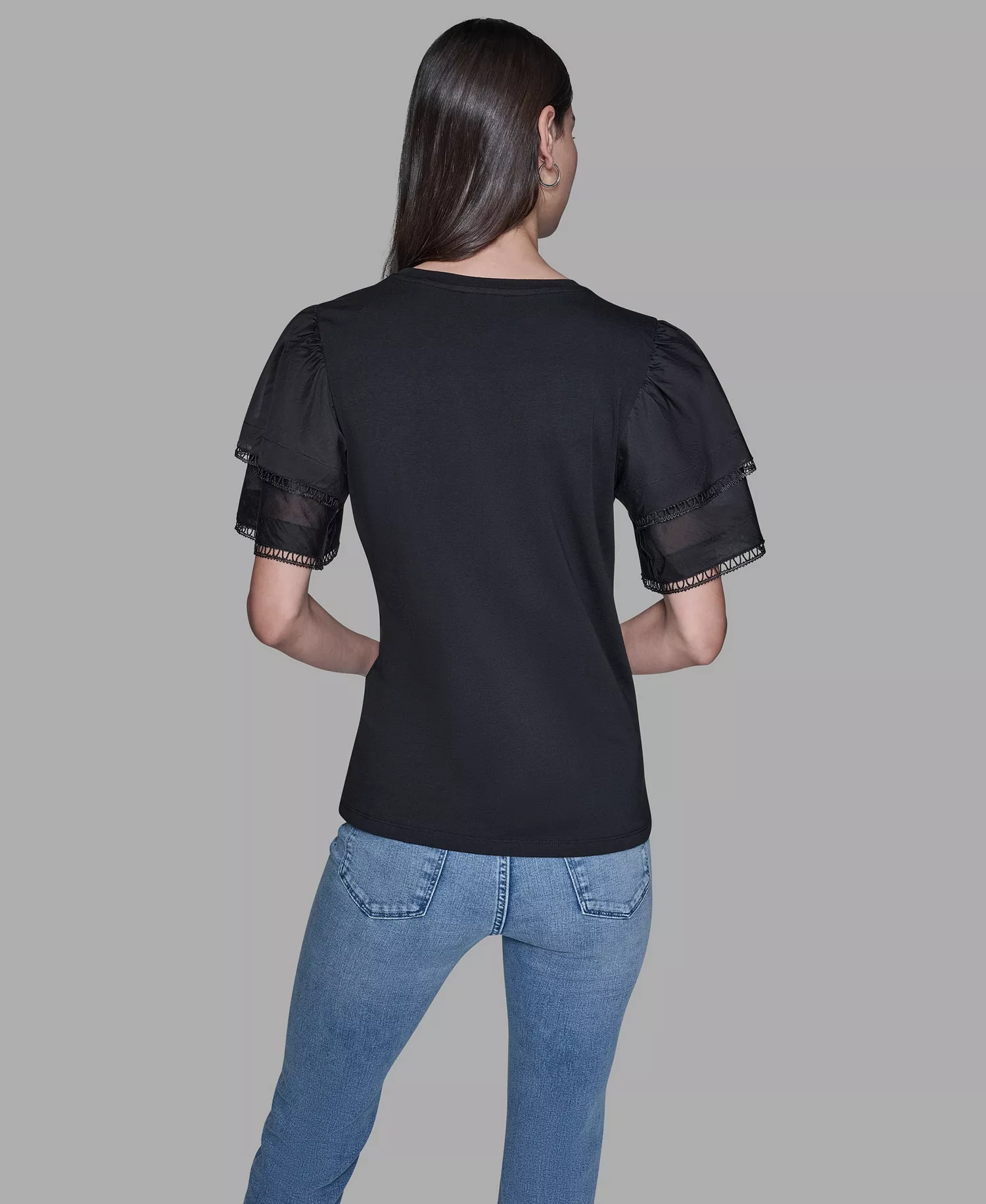 Women's Ruffled Crewneck Floral Top - Black - L