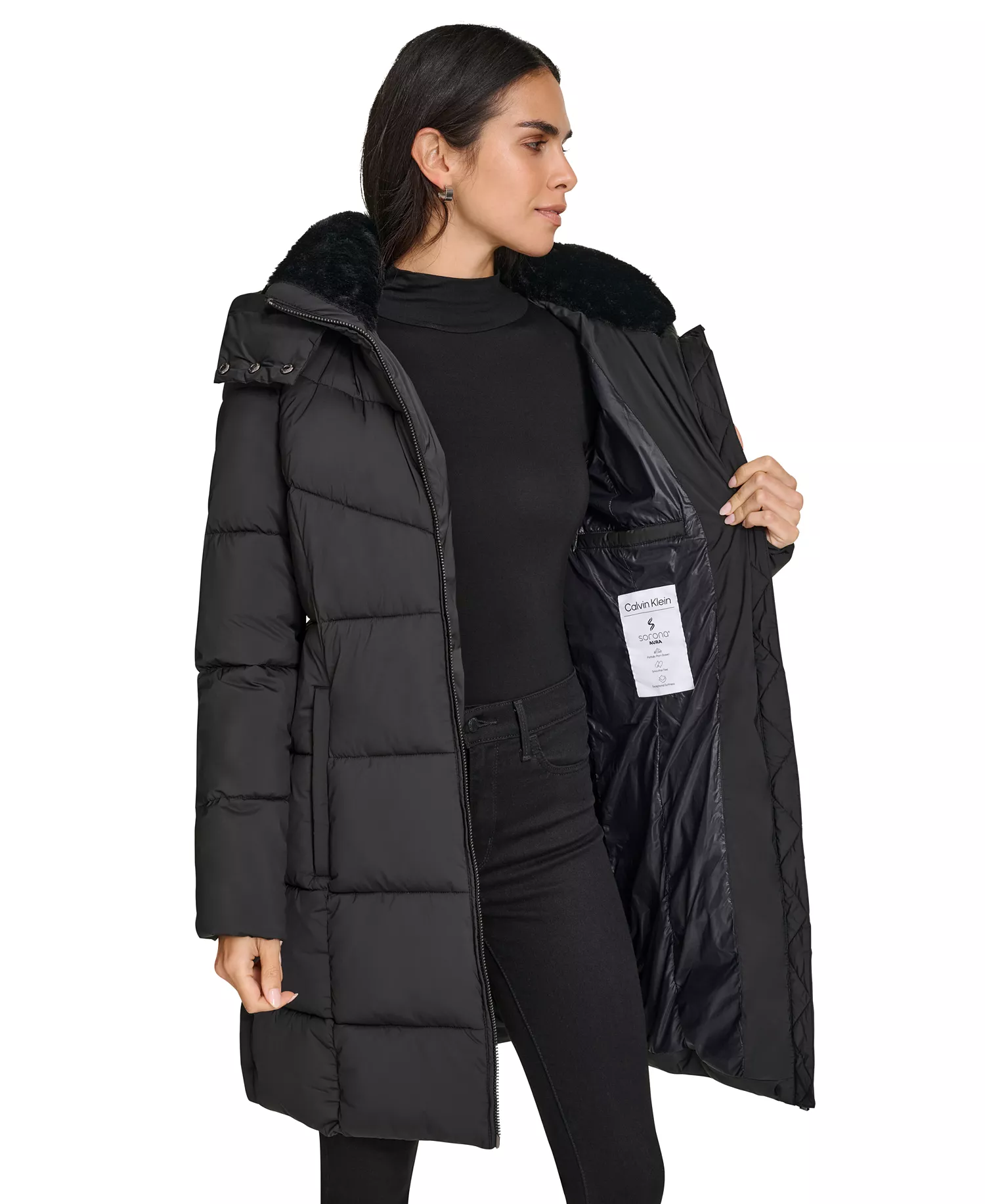Women's Hooded Faux-Fur-Lined Midi Puffer Coat - Black - L