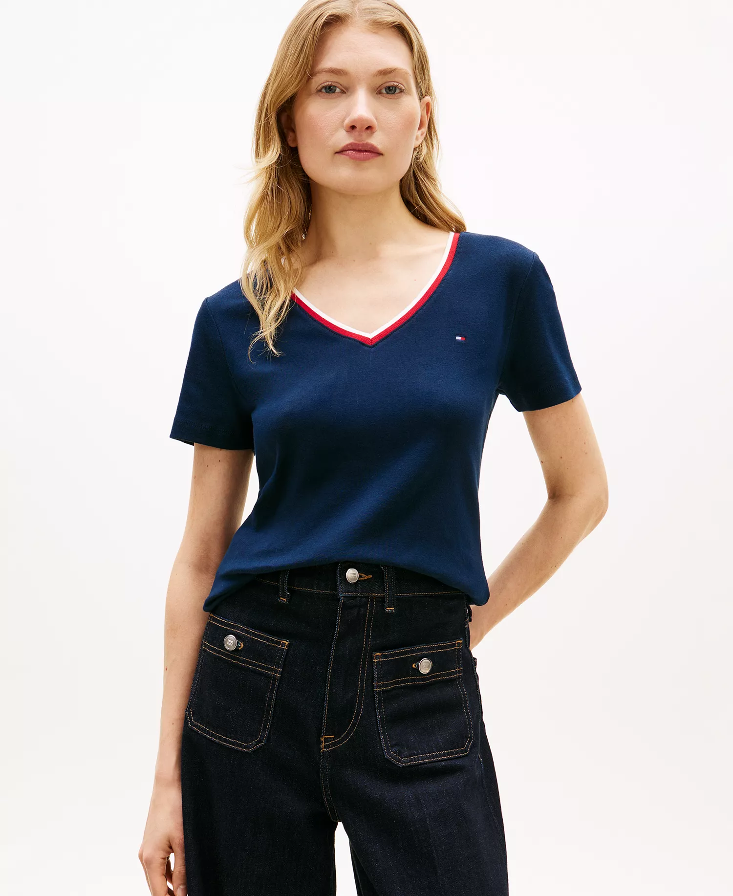 Women's Stripe Slim V-Neck Short-Sleeve T-Shirt - Dark Night Navy - L
