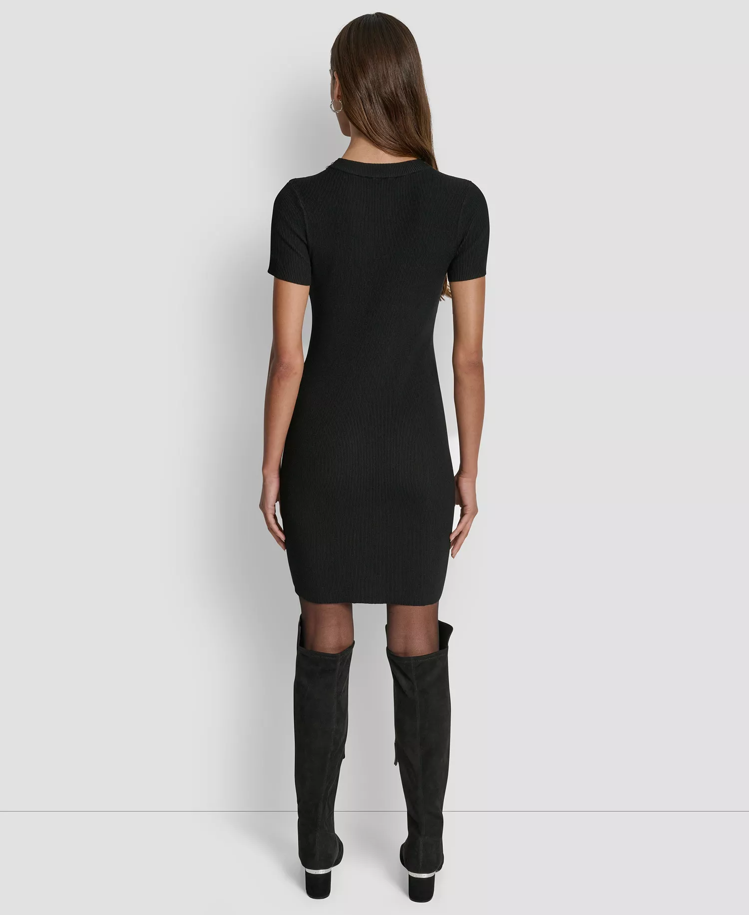 Women's Short-Sleeve Embellished Neck Short Dress - Black - L