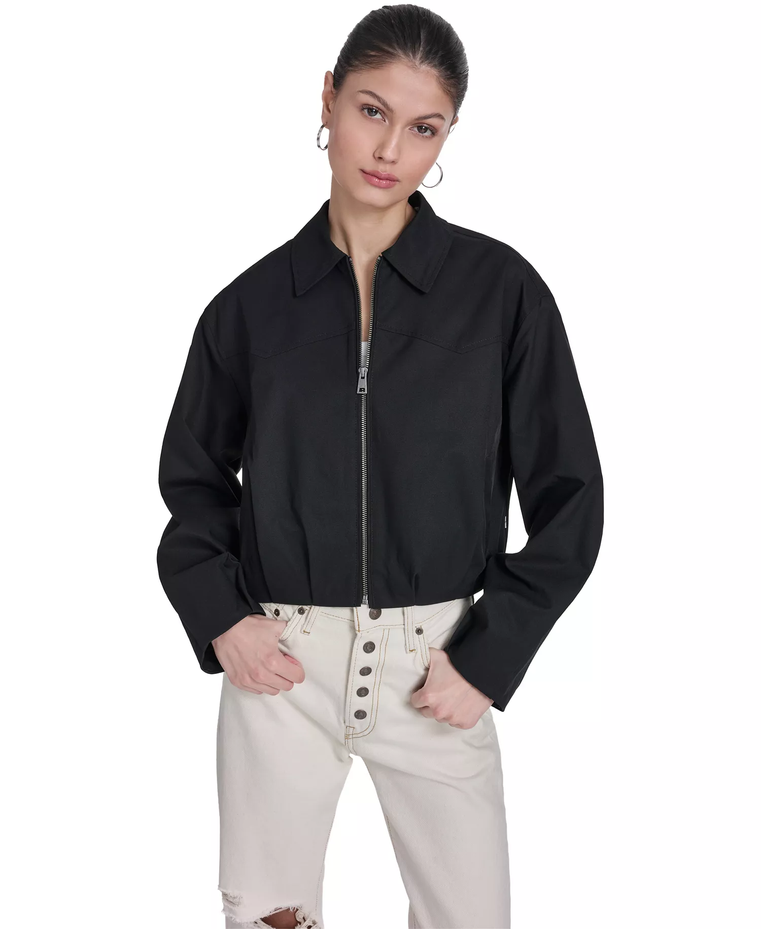 Women's Bubble Hem Collared Bomber Jacket - Black - L
