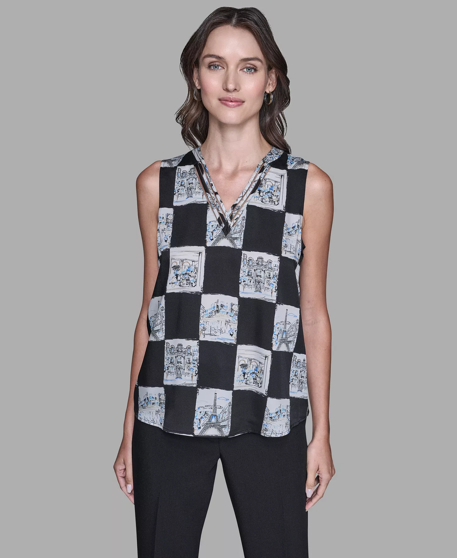 Women's Sleeveless Printed V-Neck Top - Black Combo - L