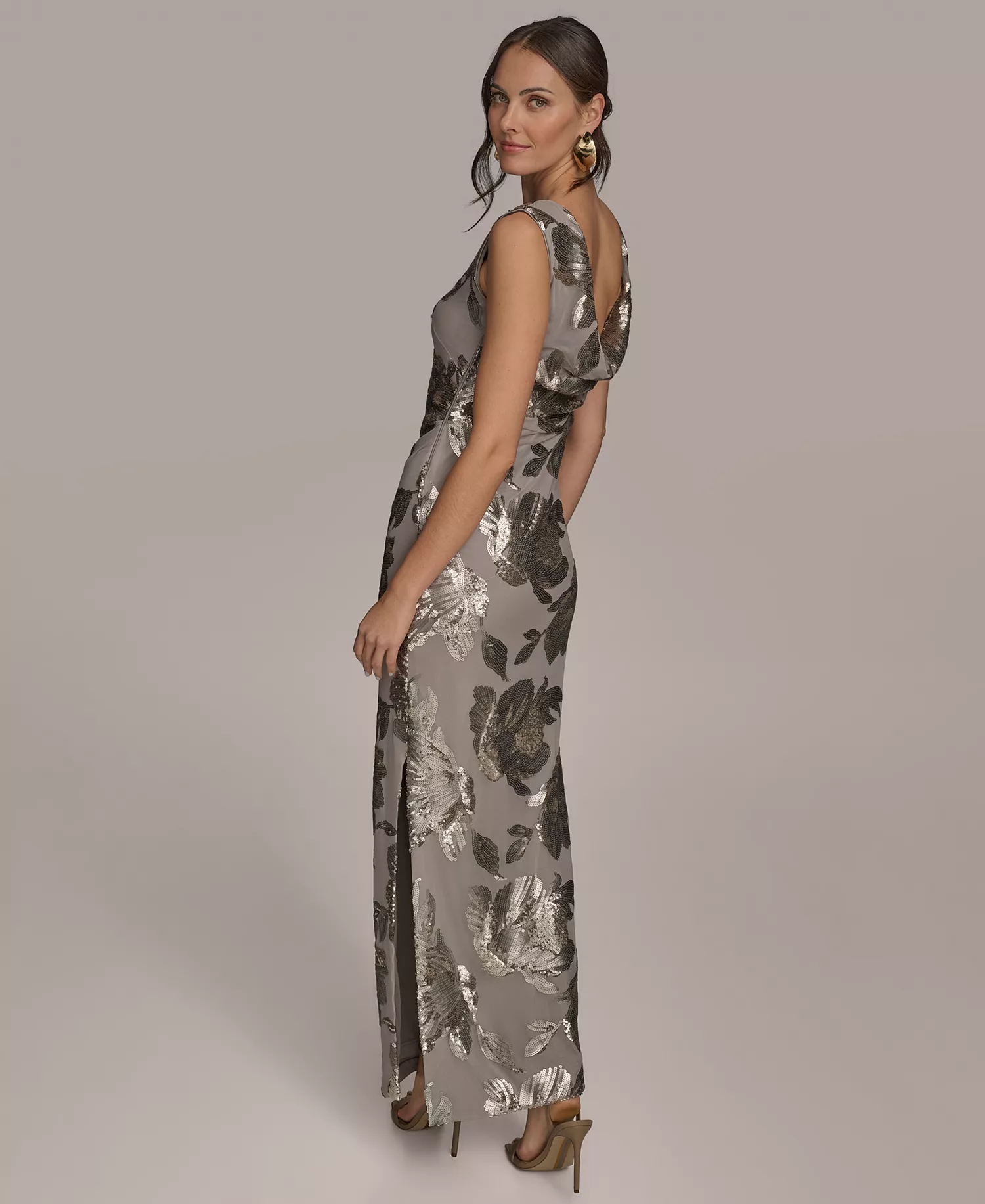 Women's Floral-Sequined Gown - Dark Clay - 14