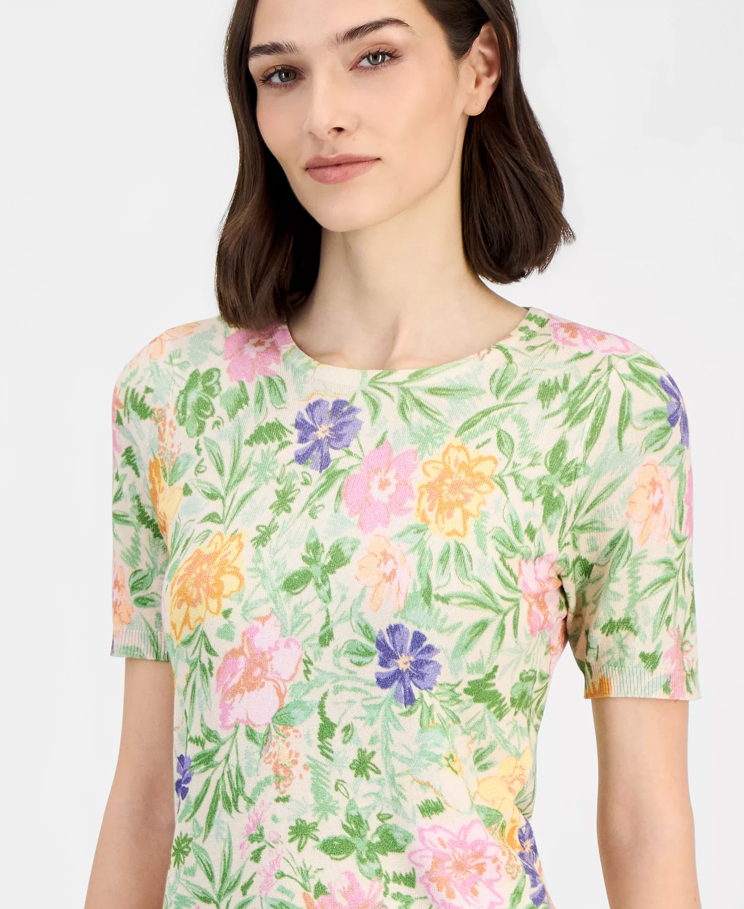 Petite Printed Short-Sleeve Crewneck Sweater - Nude/Moss - P/L