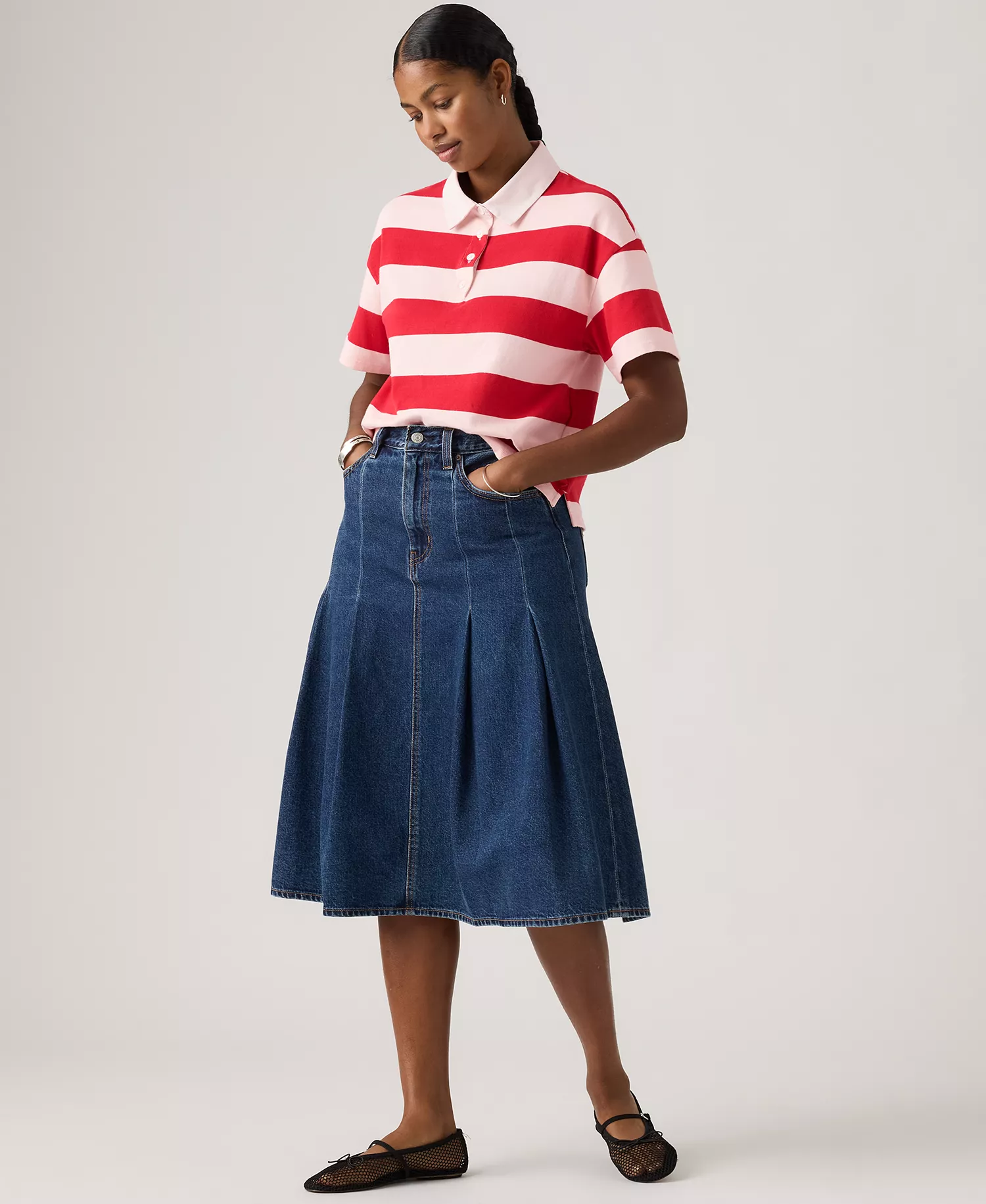 Women's Pleated Denim Midi Skirt - Slightly Coral - 24