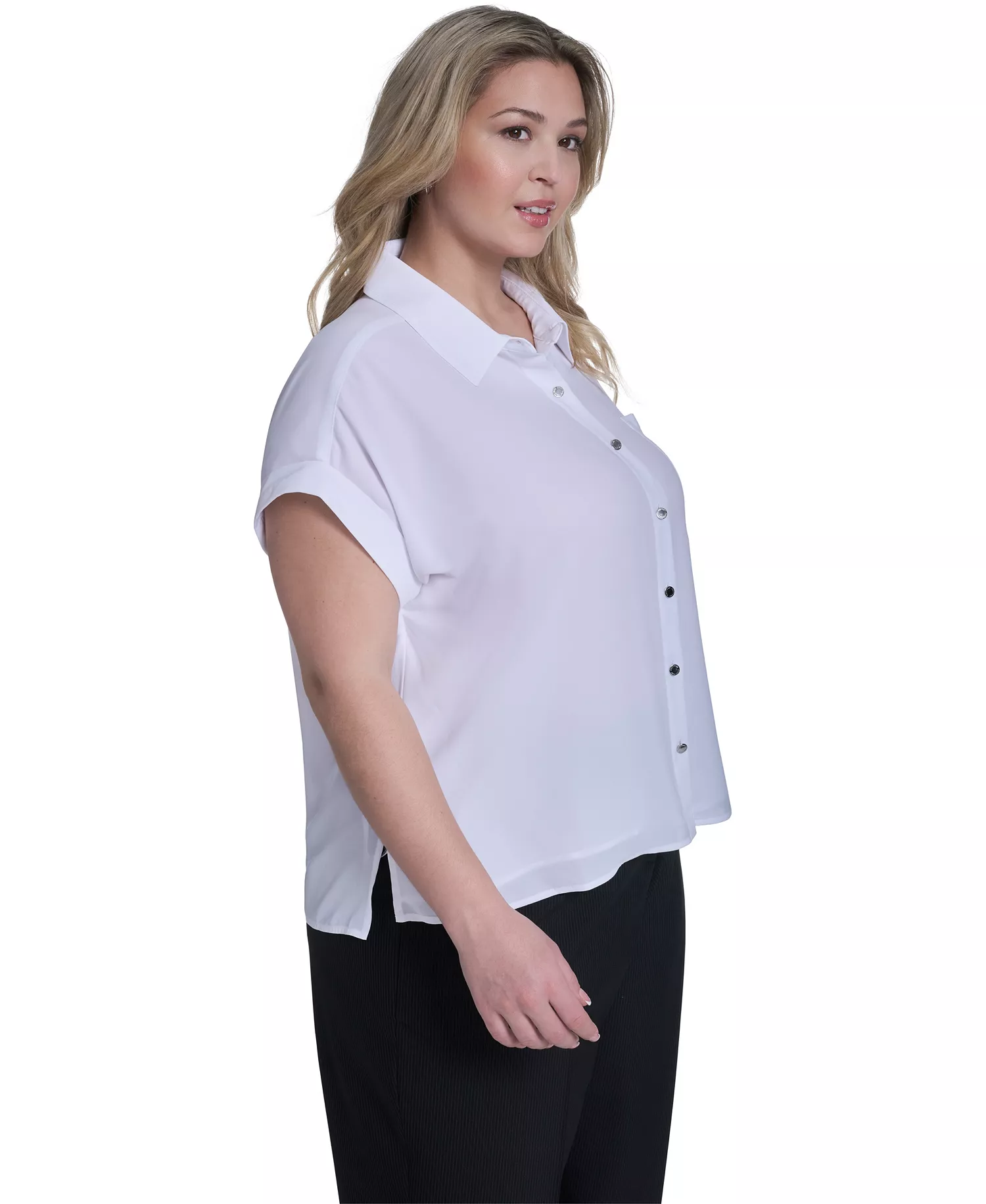 Plus Size Short-Sleeve Camp Button-Down Shirt - White - 1X