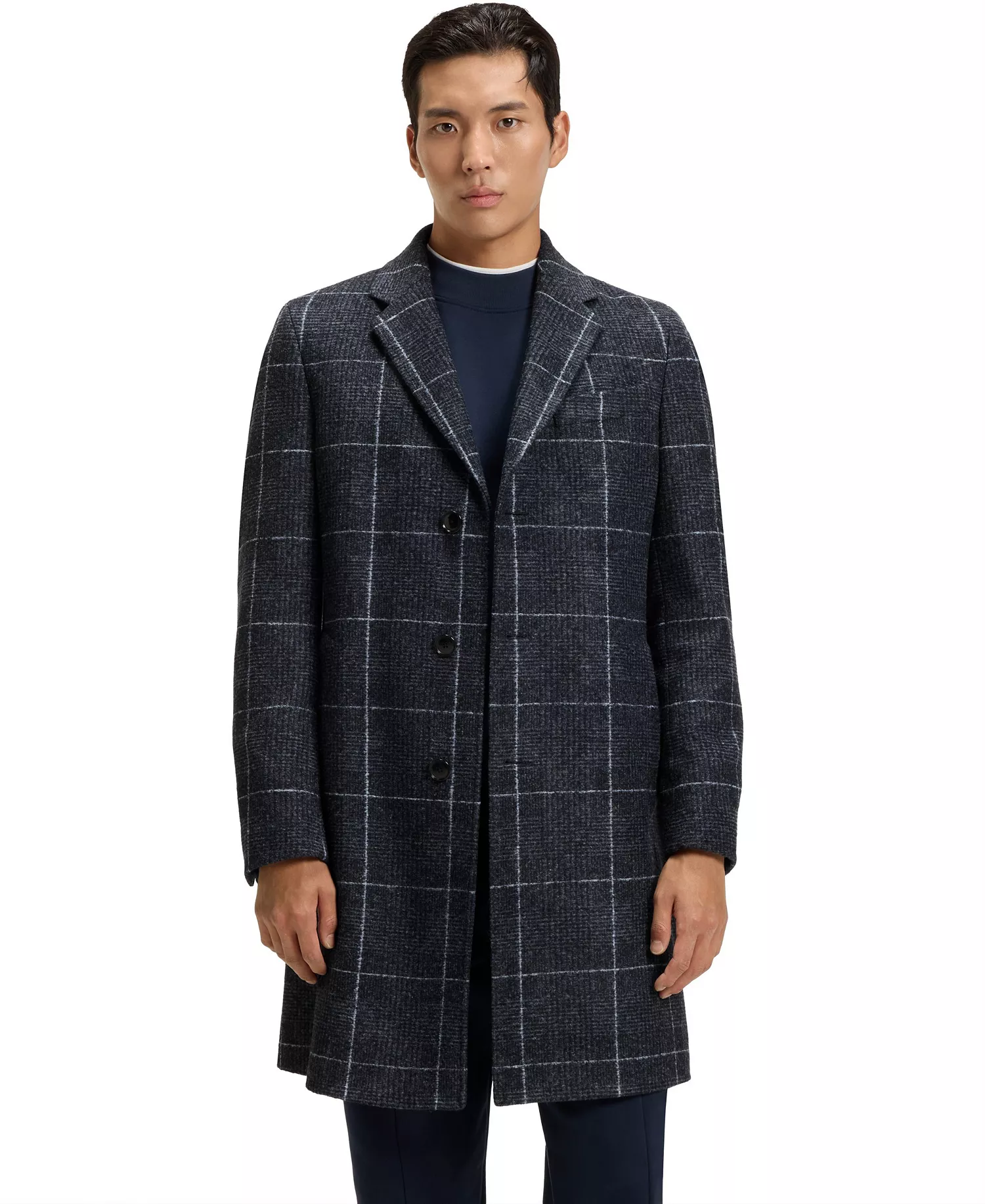 Men's Plain Check Slim-Fit Coat - Dark Blue - 34R