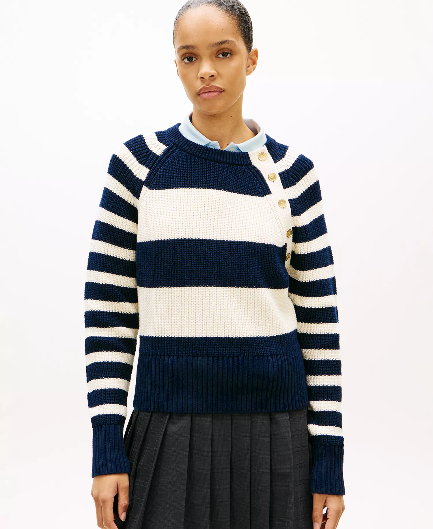 Women's Gold-Tone Button Utility Crew Neck Sweater - Blue/white - L