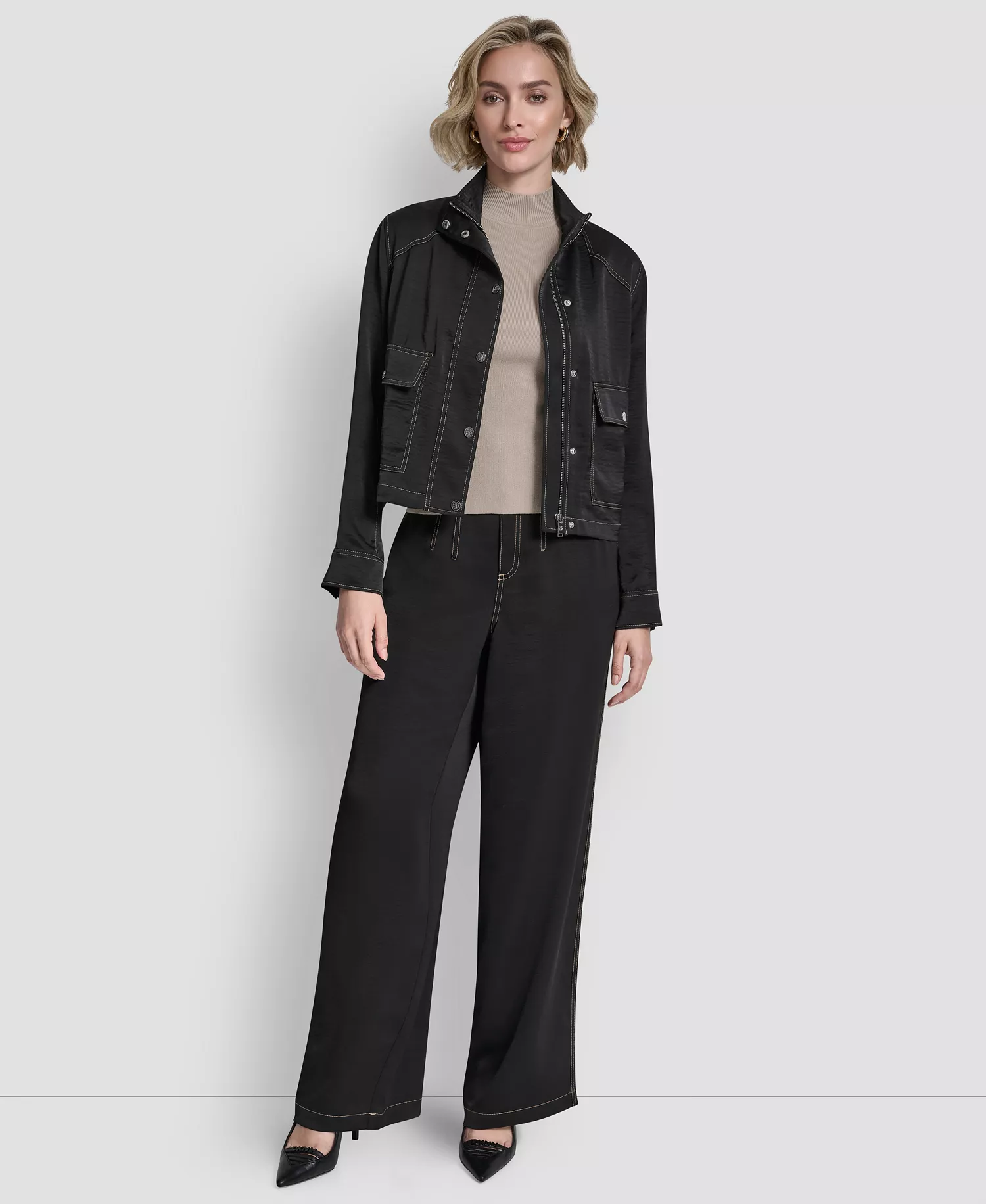 Women's Top Stitch Glazed High Mock Neck Dressing Jacket, Glazed Dressing Trousers and Long-Sleeve Exposed Seam Mesh Top with Sleeveless Camisole - Black - L