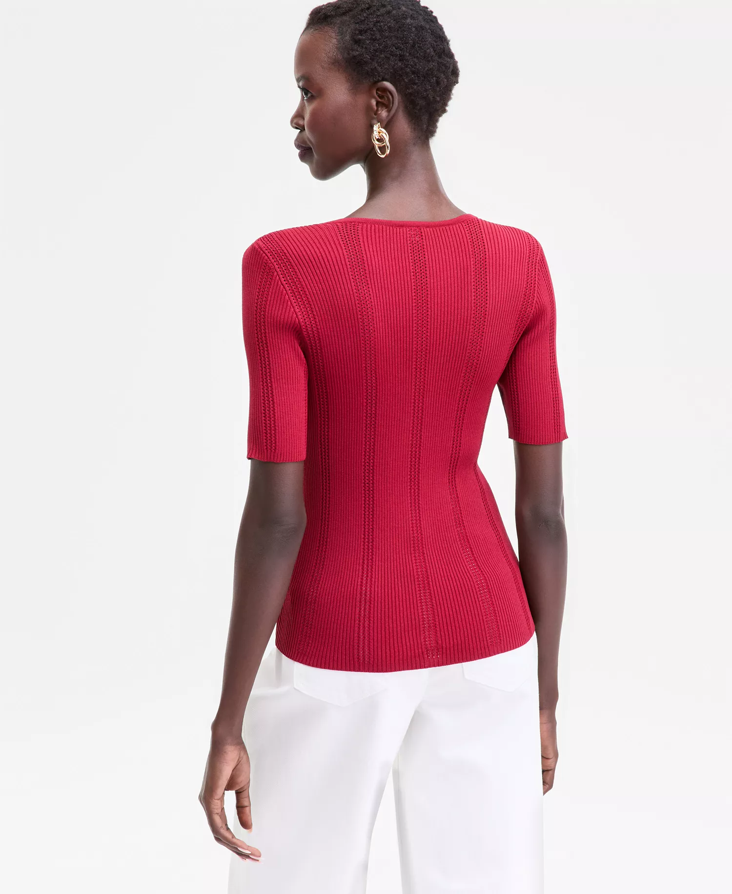 Women's Short-Sleeve V-Neck Pointelle Rib Knit Sweater, Macy's Exclusive - Bright Crimson - L