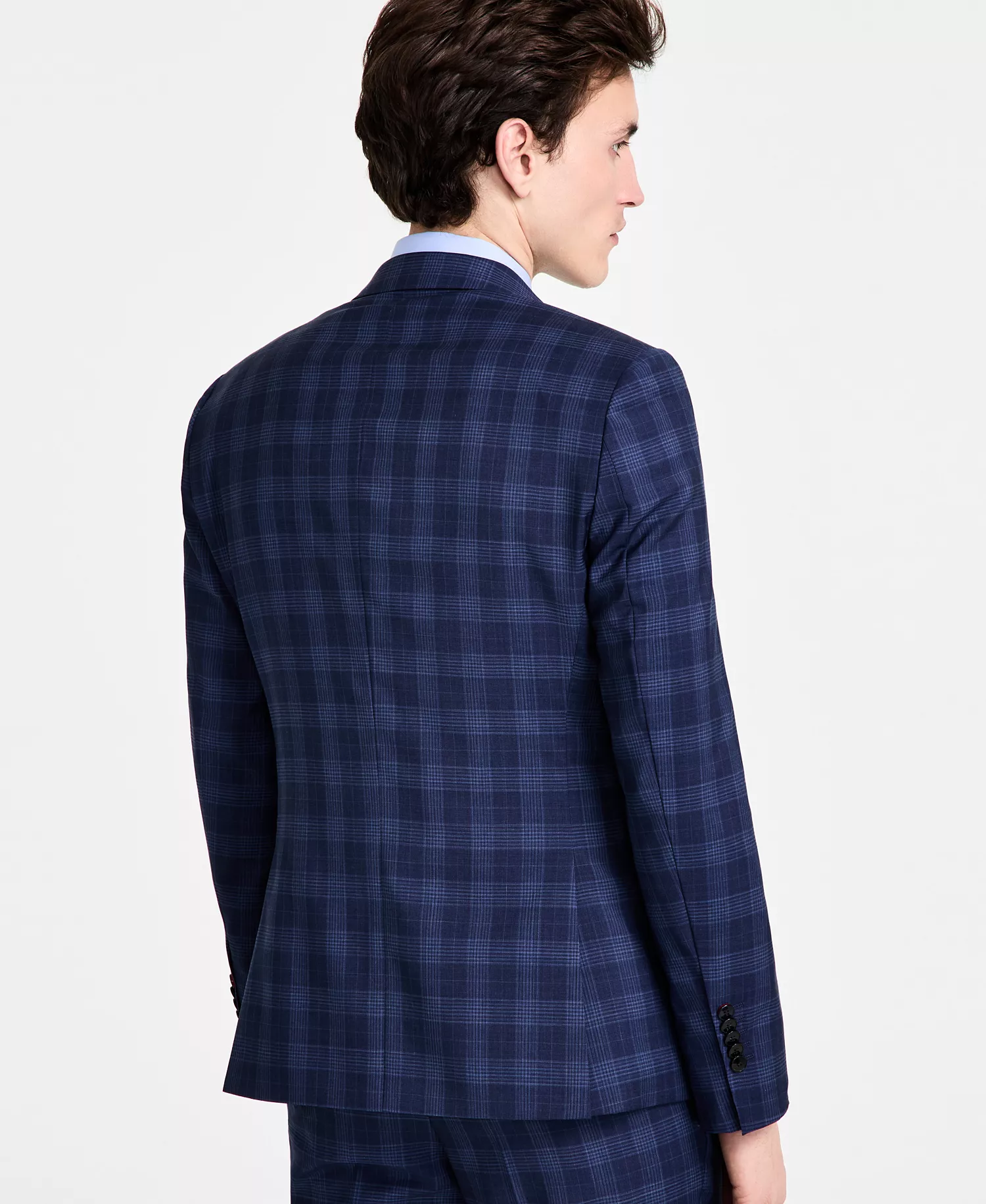 Men's Modern-Fit Wool Plaid Suit Jacket - Navy Plaid - 36R