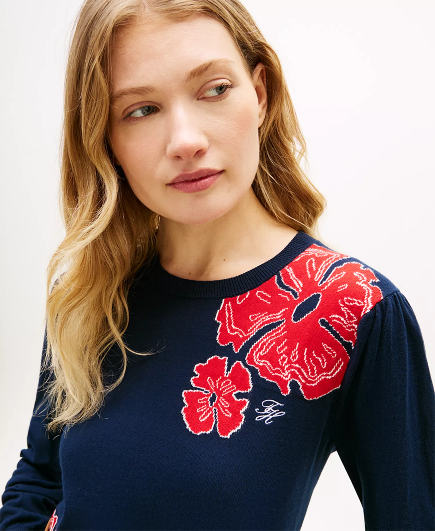 Women's Jacquard All-Over Floral Print Crew Neck Sweater - Dark Night - L