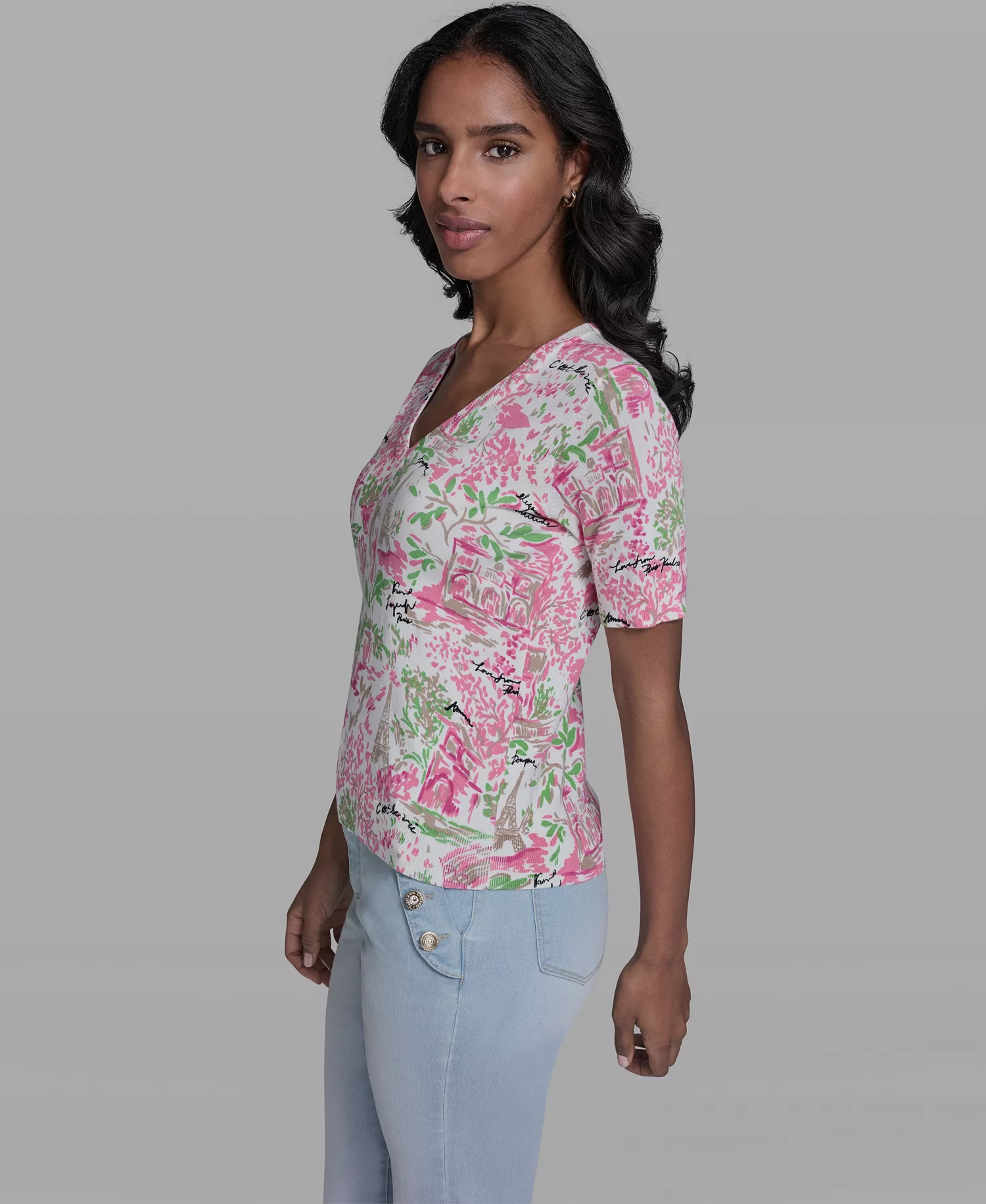 Women's V-Neck Parisian Floral Printed Pull-On Sweater - Soft White/pink Carnation Multi - L