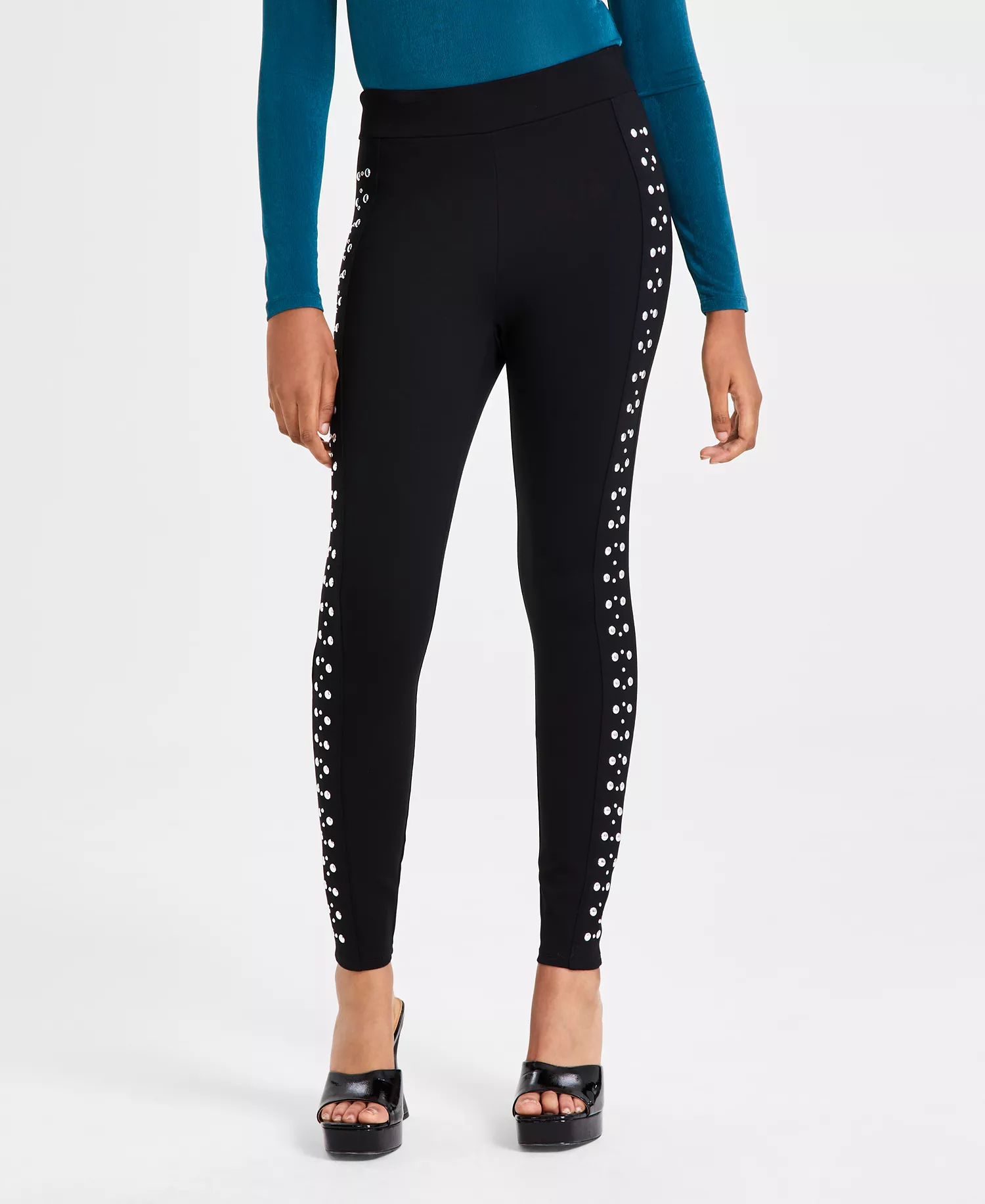 Women's Three-Row Studded Ponté-Knit Leggings, Created for Macy's - Deep Black - XXS