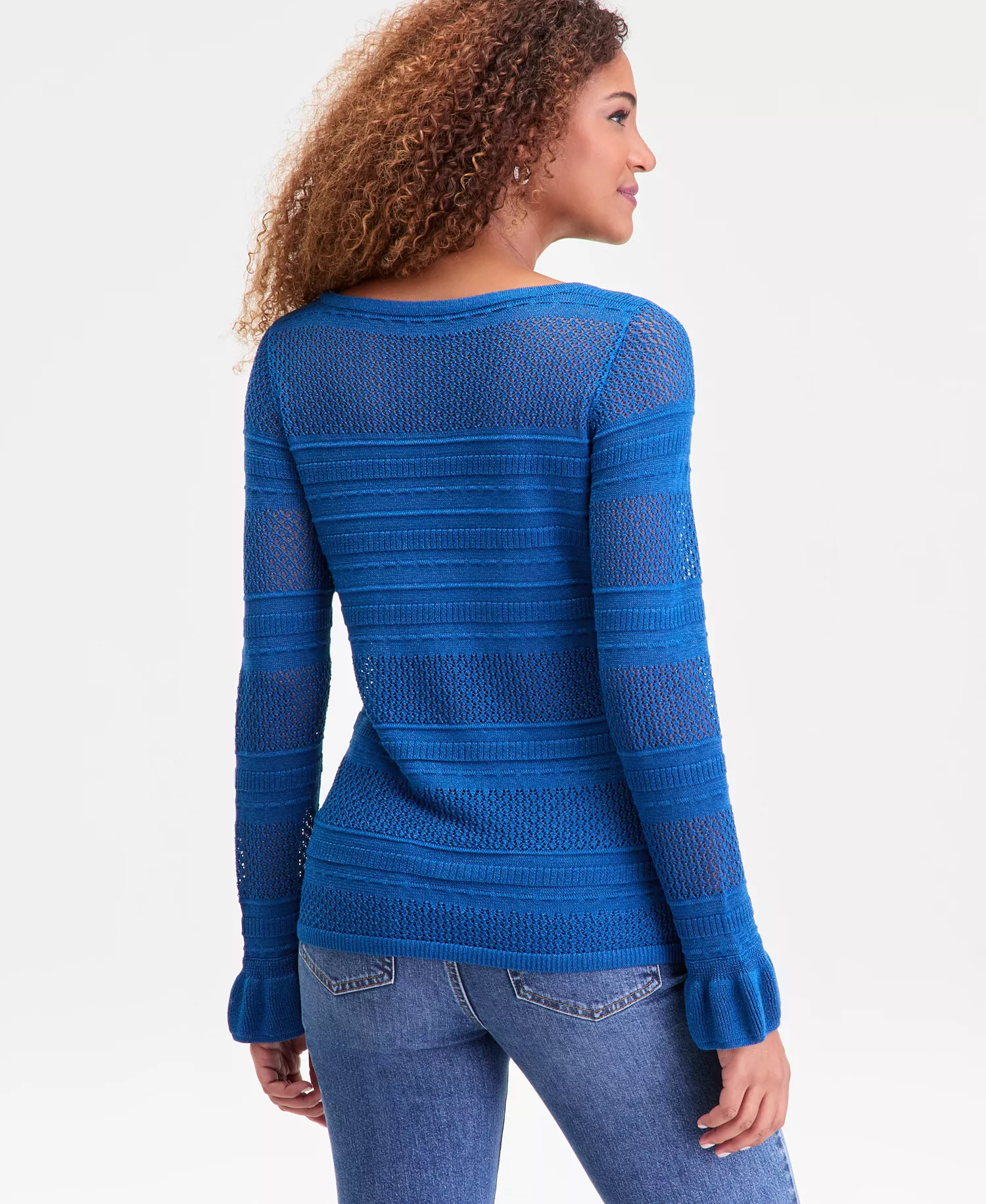 Women's Long Sleeve Sheer Stripe Sweater, Macy's Exclusive - Cobalt Dream - L