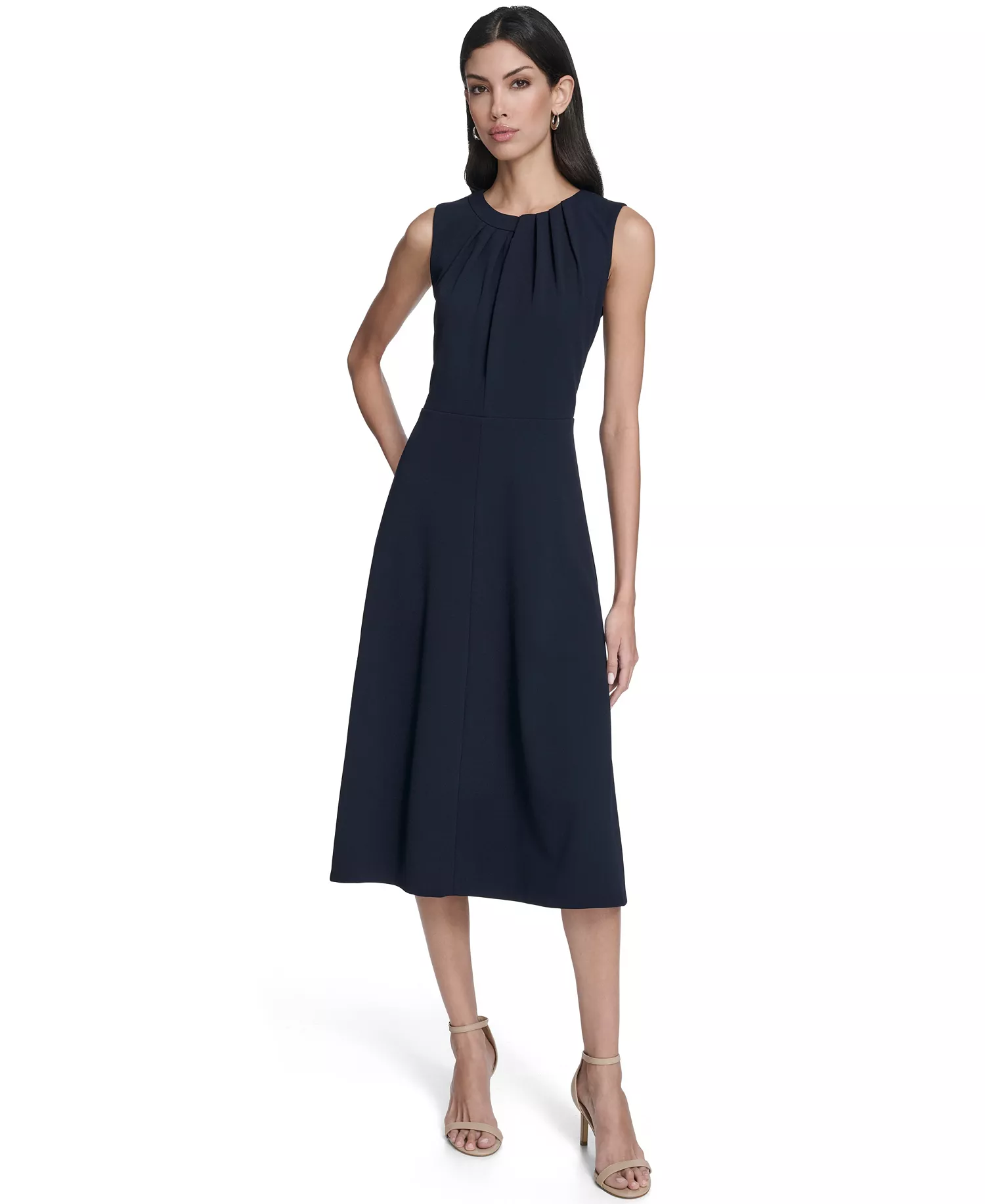 Women's Pleat Detail Crew Neck Midi Dress - Indigo - 10