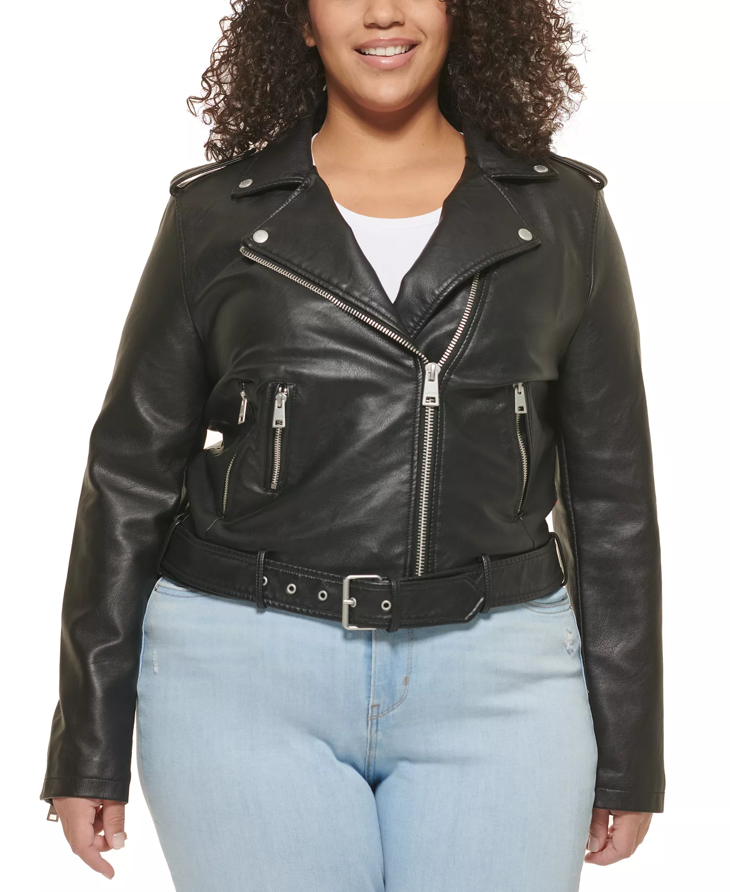 Plus Size Faux Leather Belted Motorcycle Jacket - Black Black - 4X