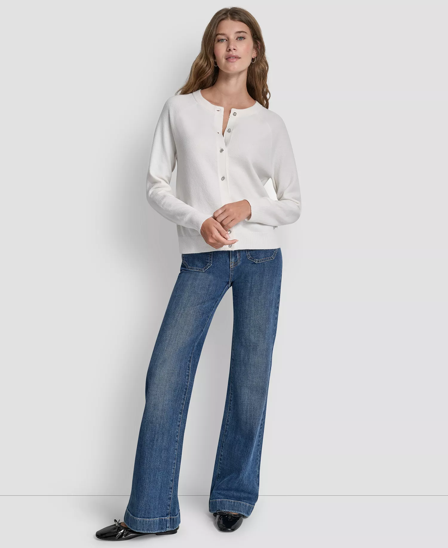 Women's Rhinestone Button-Front Crewneck Cardigan - Ivory - L