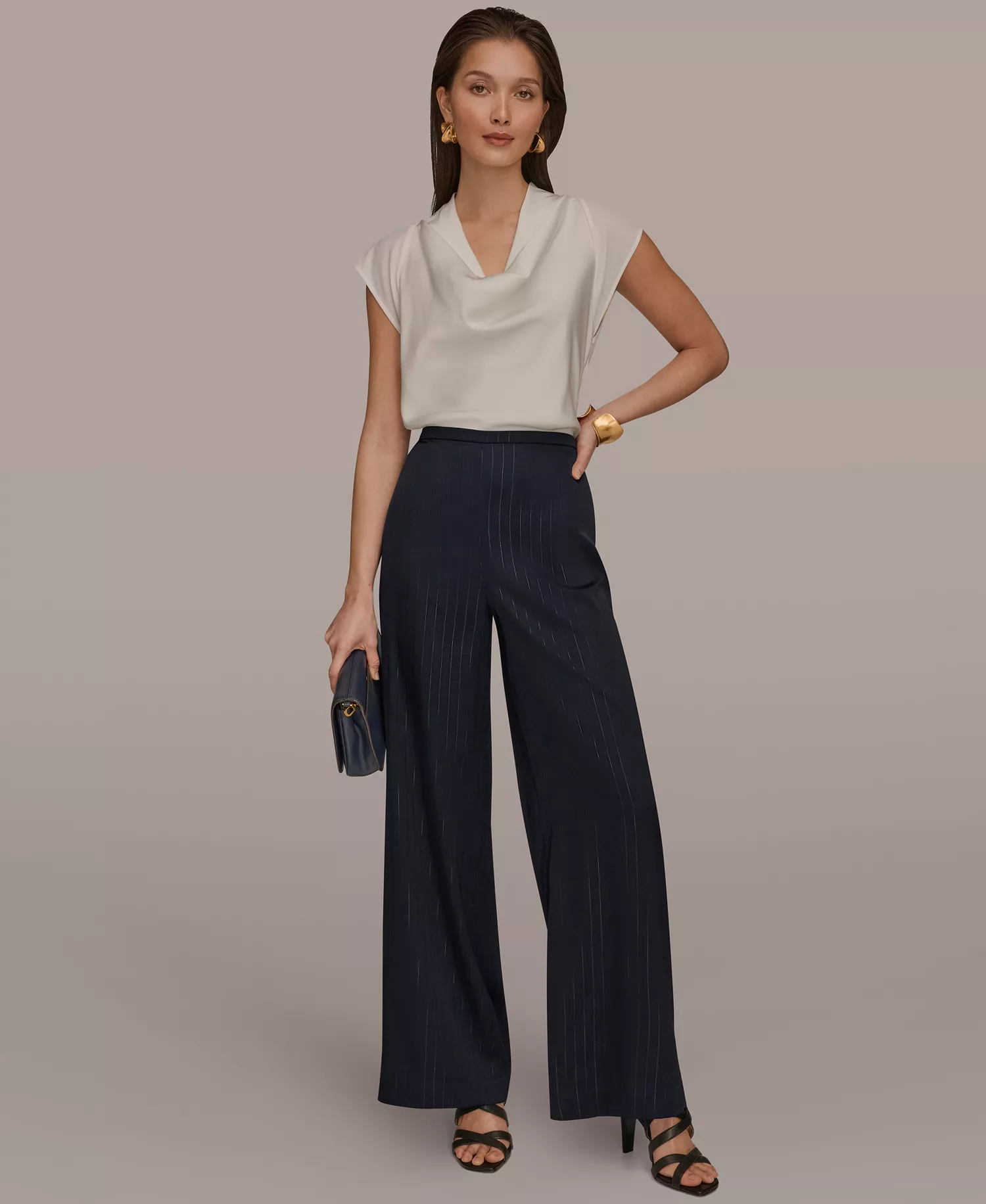 Women's Pinstripe Wide Leg Pull-On Pants - Navy/Silver Pinstrip - L