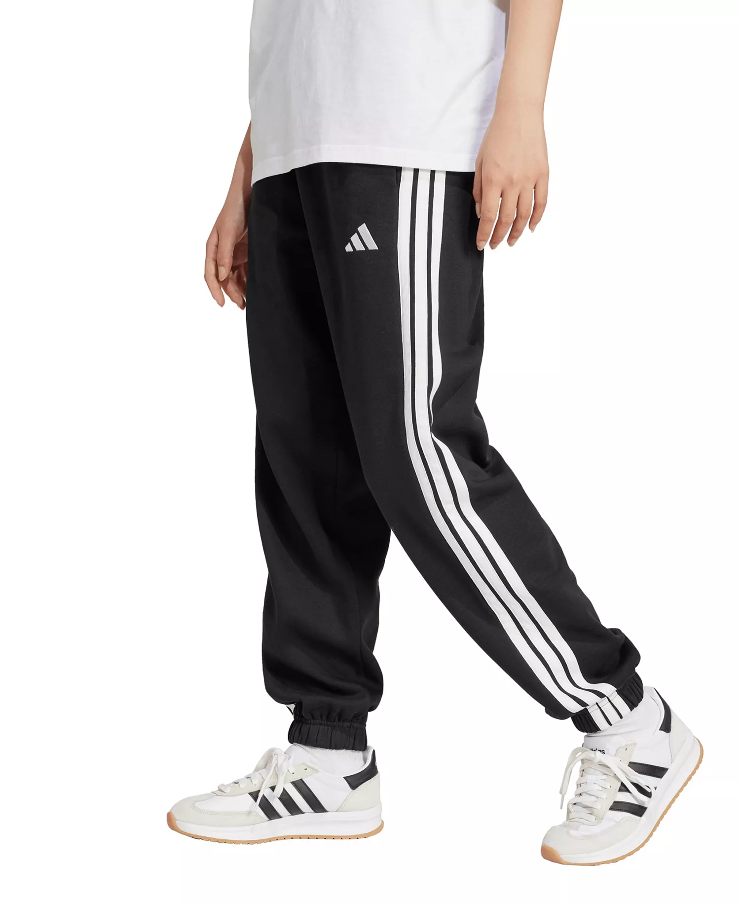 Women's Essentials 3-Stripes Pull On Fleece Loose Pants - Black/White - L