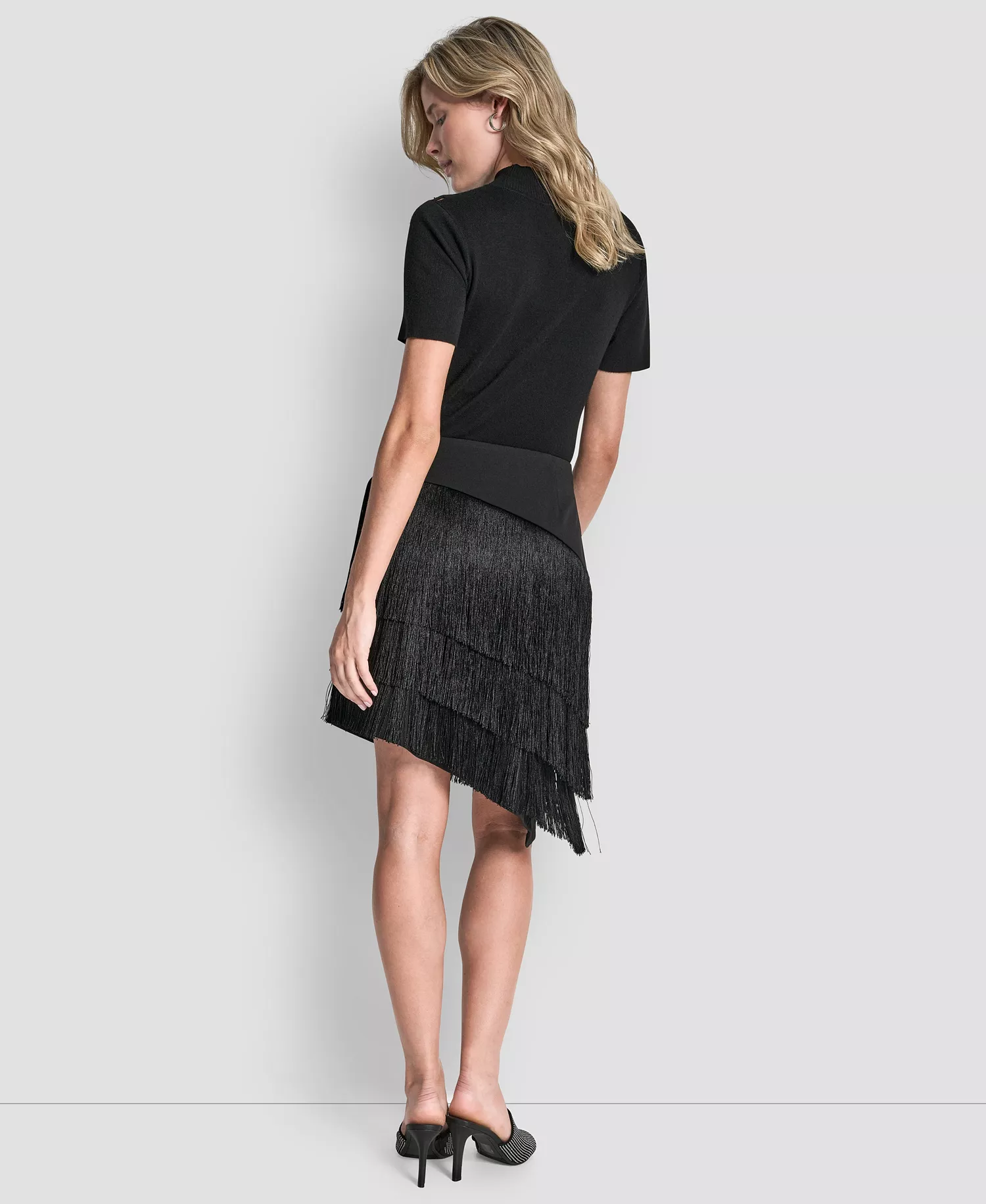 Women's High-Low Fringe Detail Skirt - Black - 10