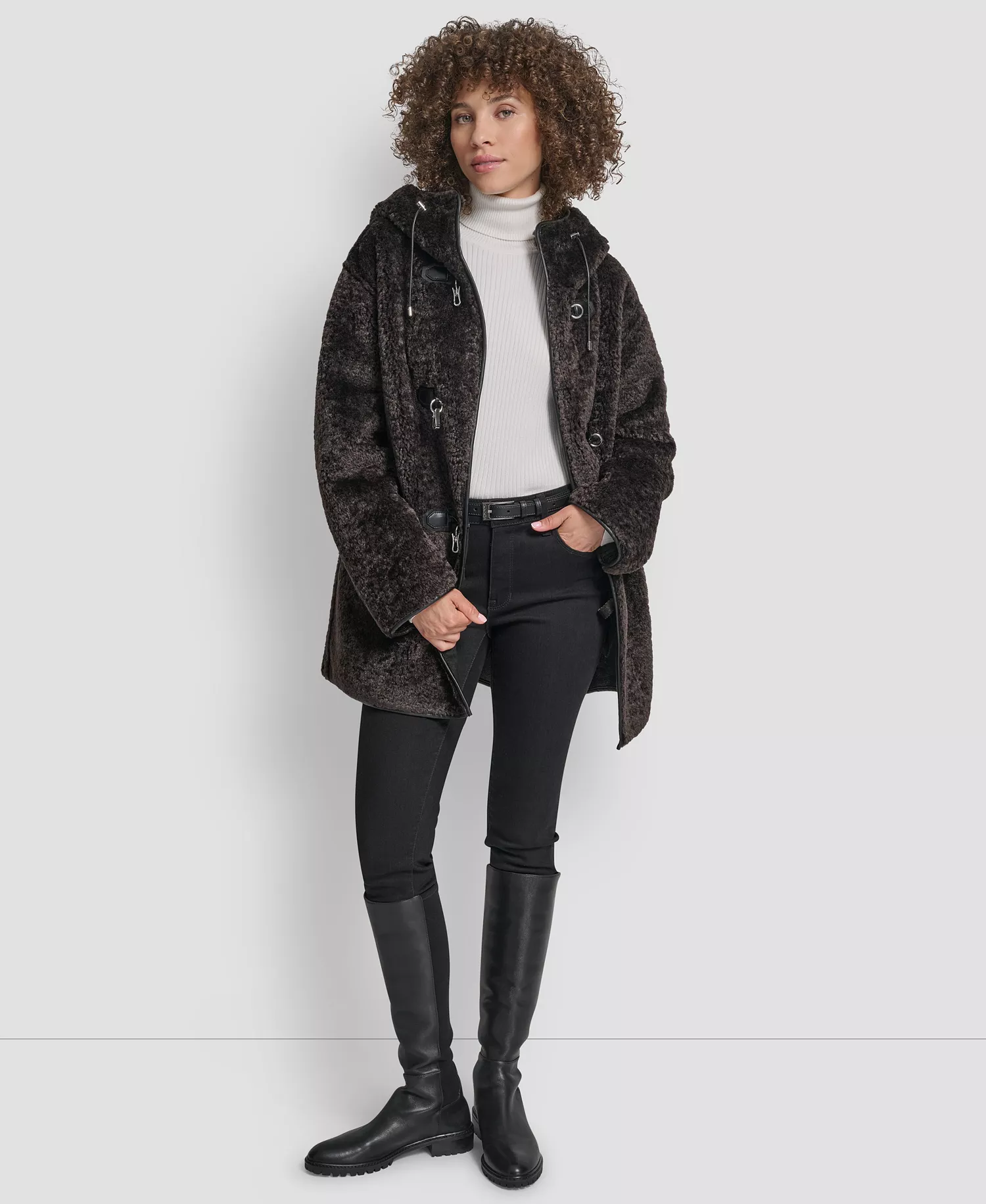Women's Shearling Hooded Toggle Coat - Bitter - L