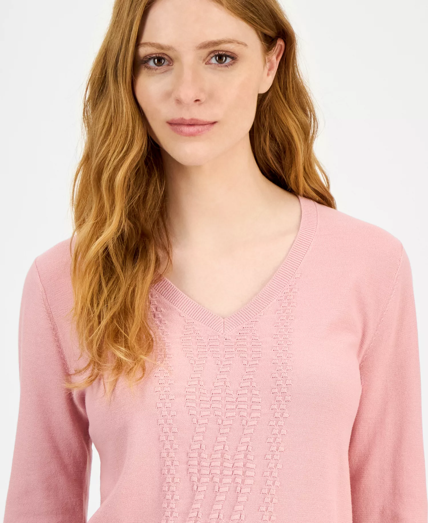 Nautica Women's Cotton V-Neck Textured Sweater - Bridal Rose - L