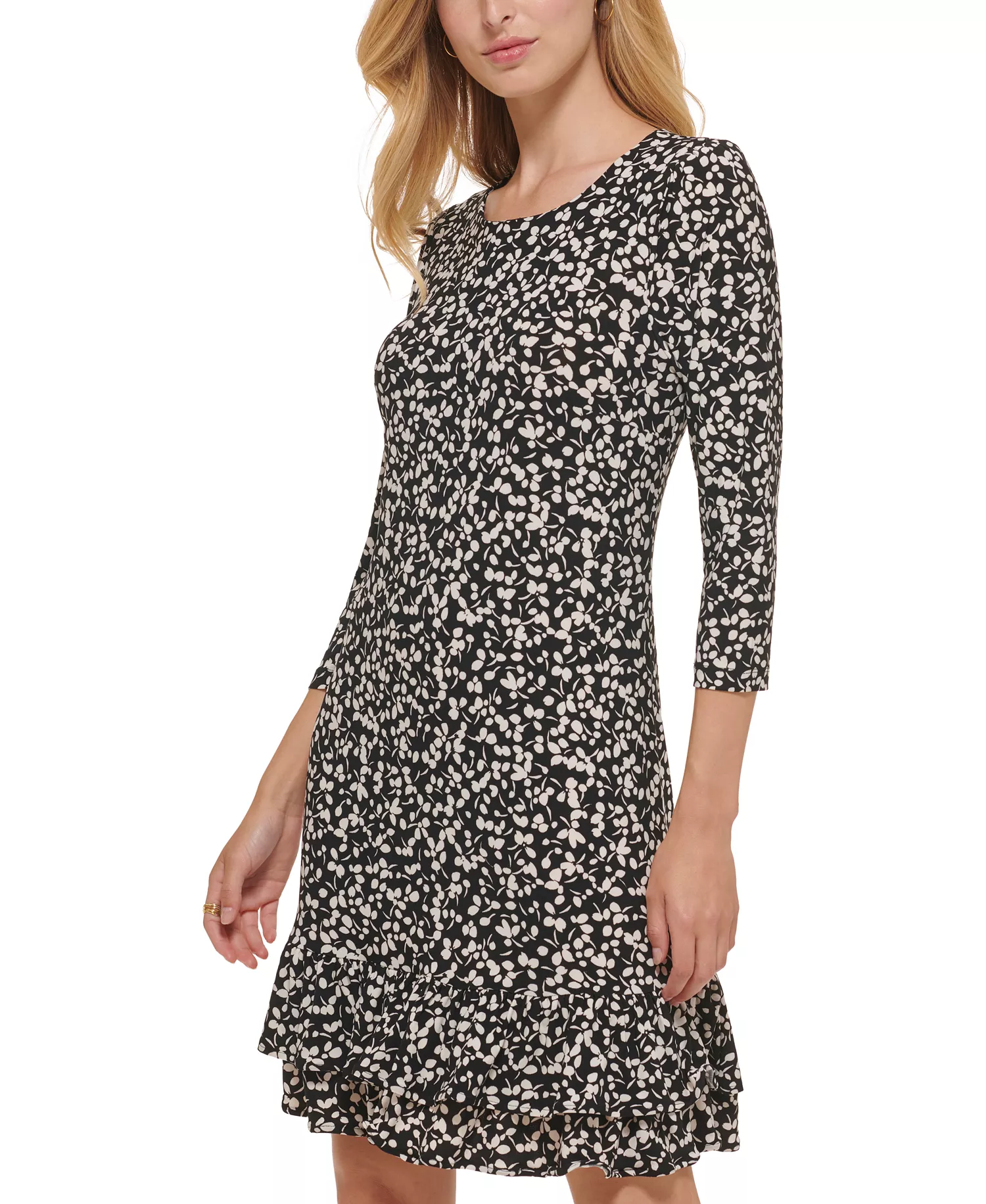 Women's Floral-Print Shift Dress with Ruffled Hem - Black,whitecap - 10
