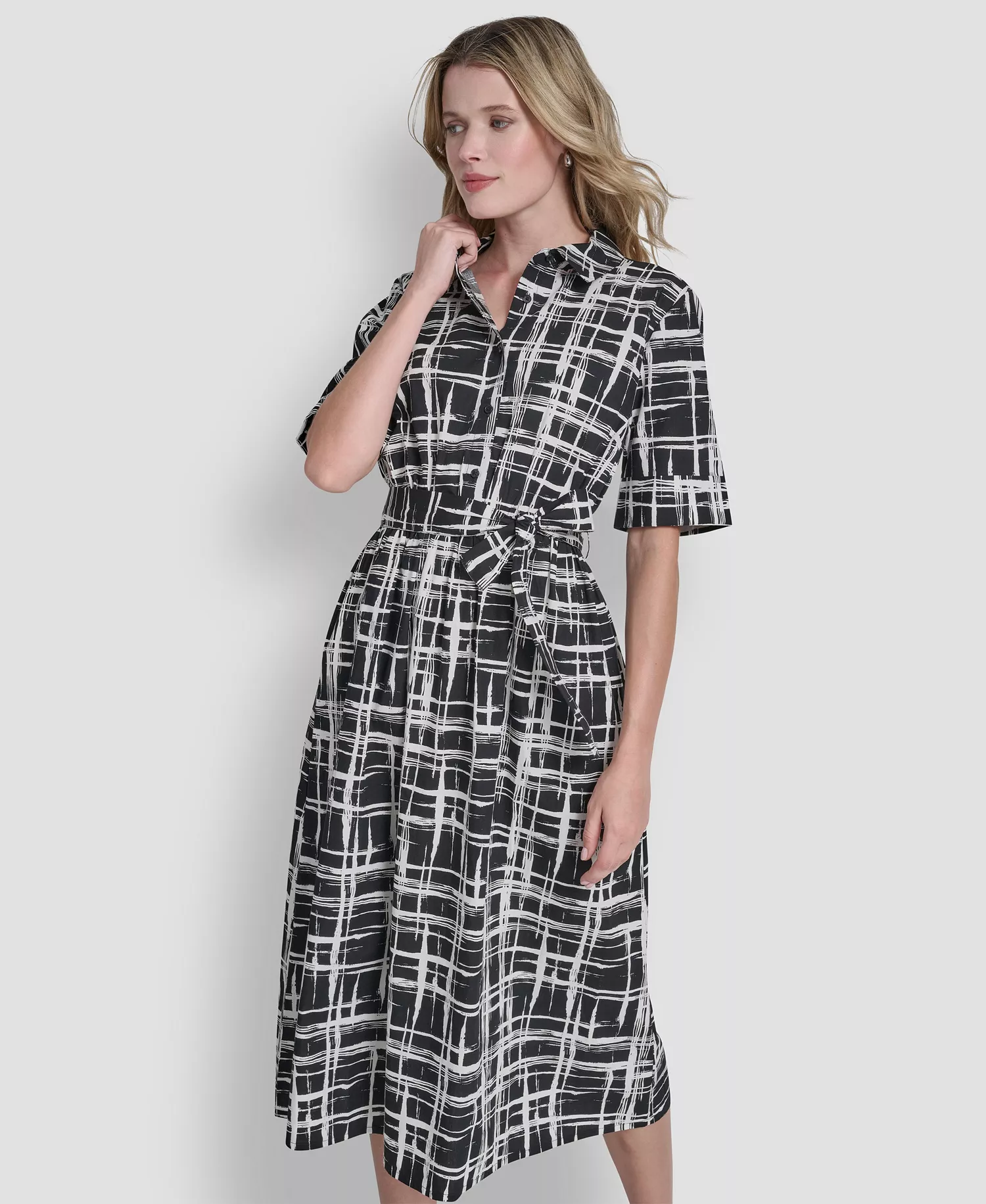 Women's 3/4-Sleeve Collared Neck Cotton Midi Shirt Dress - Black/Ivory - 10