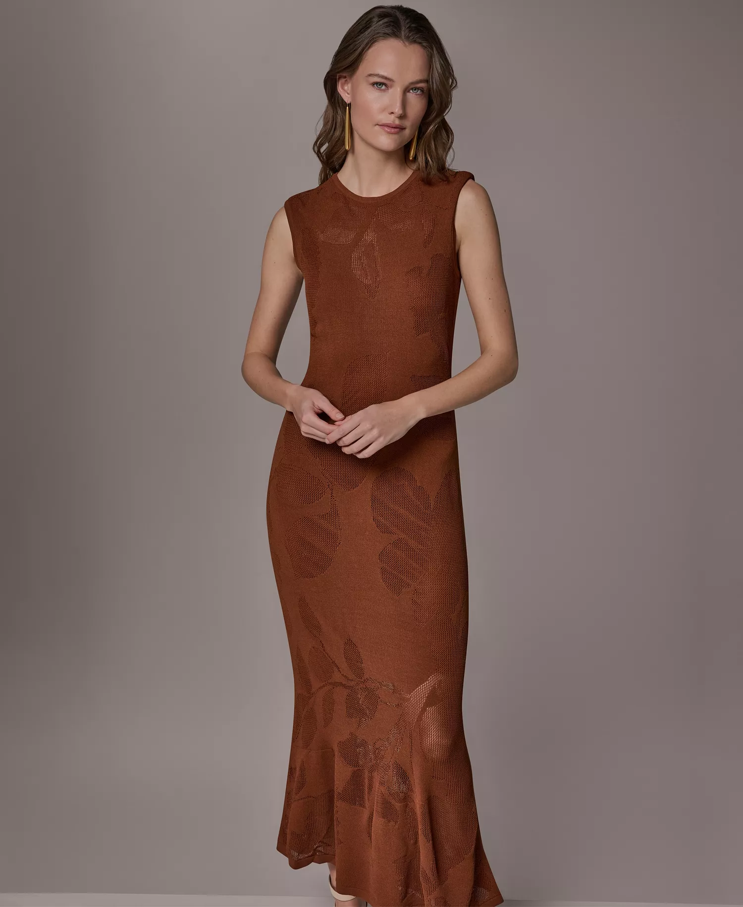Women's Crew Neck Midi Dress - Cognac - L