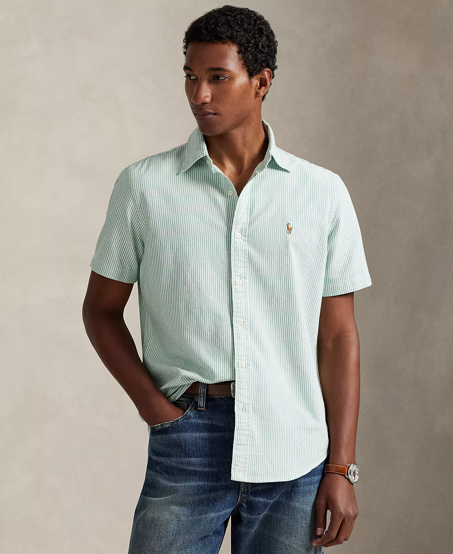 Men's Classic-Fit Striped Oxford Shirt - Hillside Green/White - XS