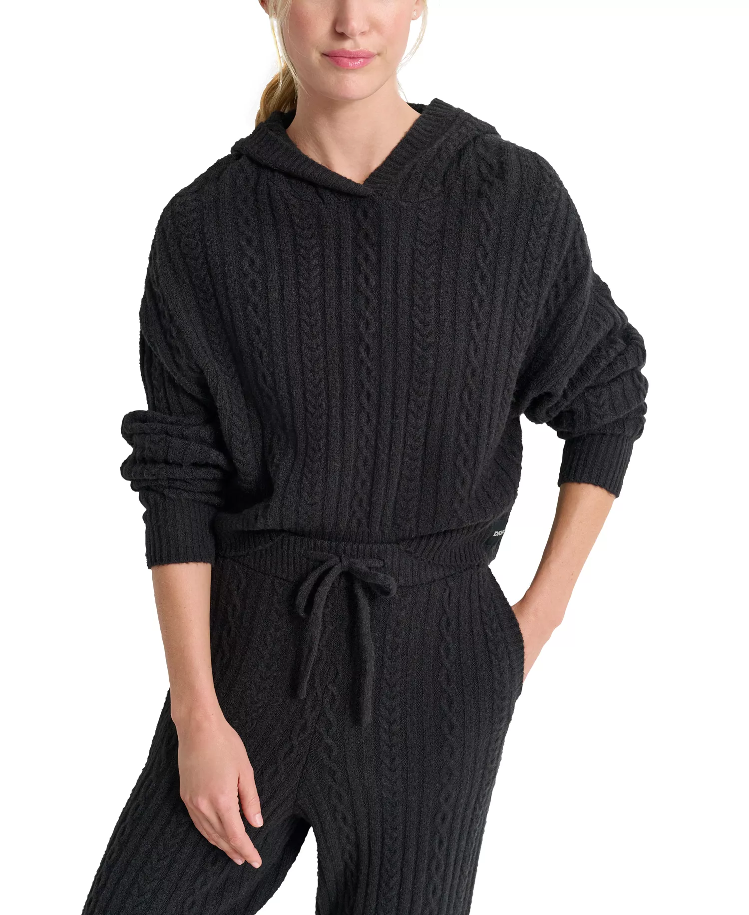Women's Cable-Knit Pullover Hooded Sweater - Black - L