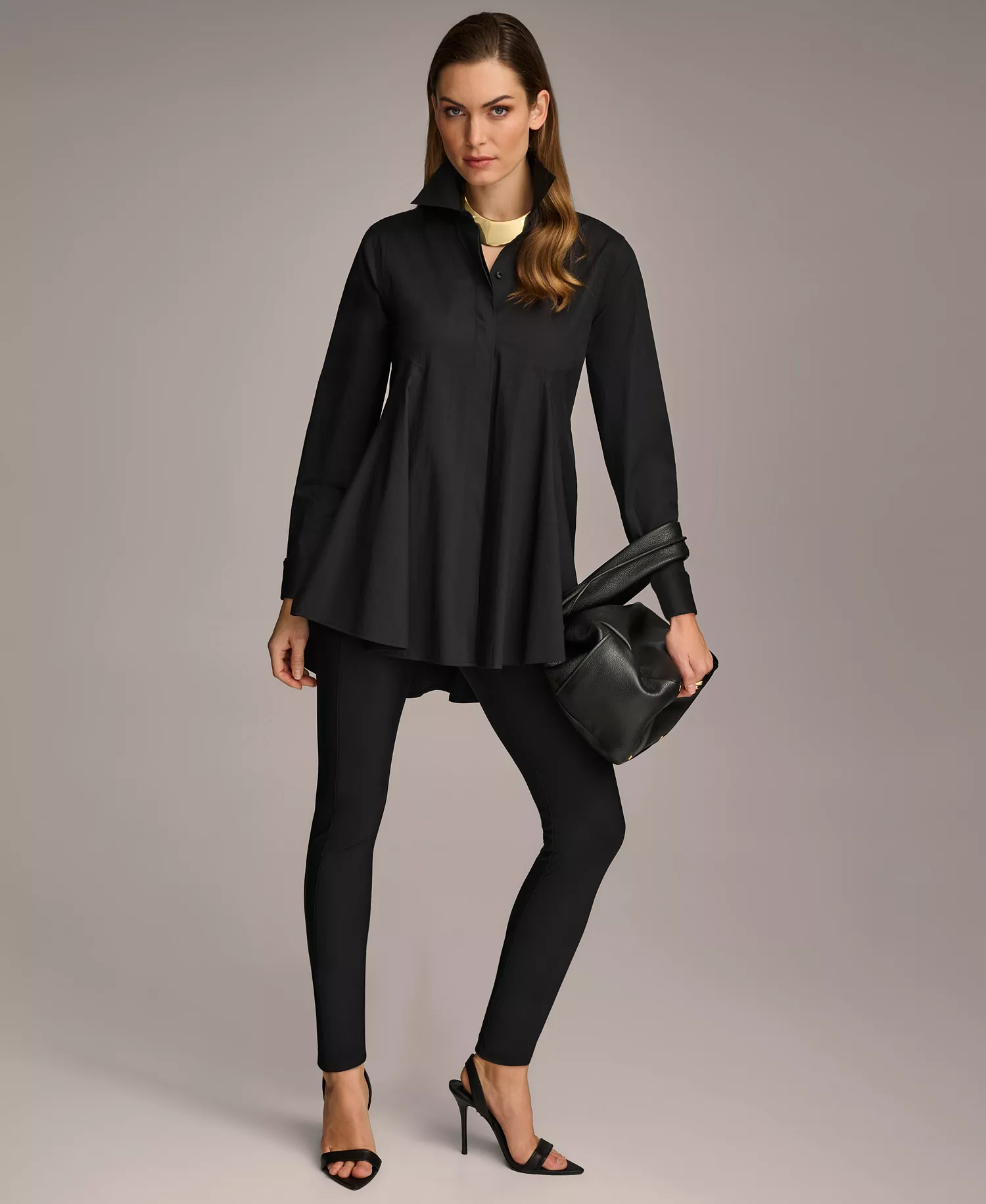 Women's A-Line Button Down Poplin Tunic - Black - L