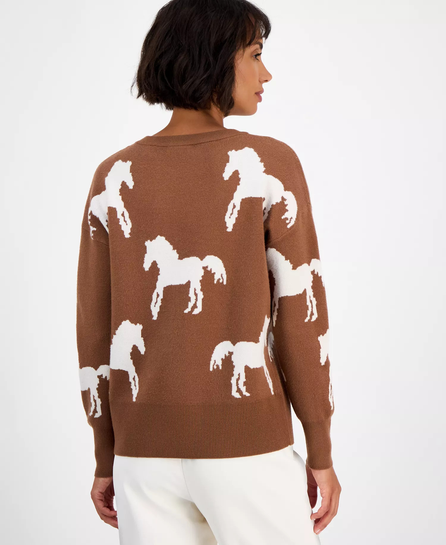 Women's Horse-Print Crewneck Long-Sleeve Sweater  - Sherwood Camel - S