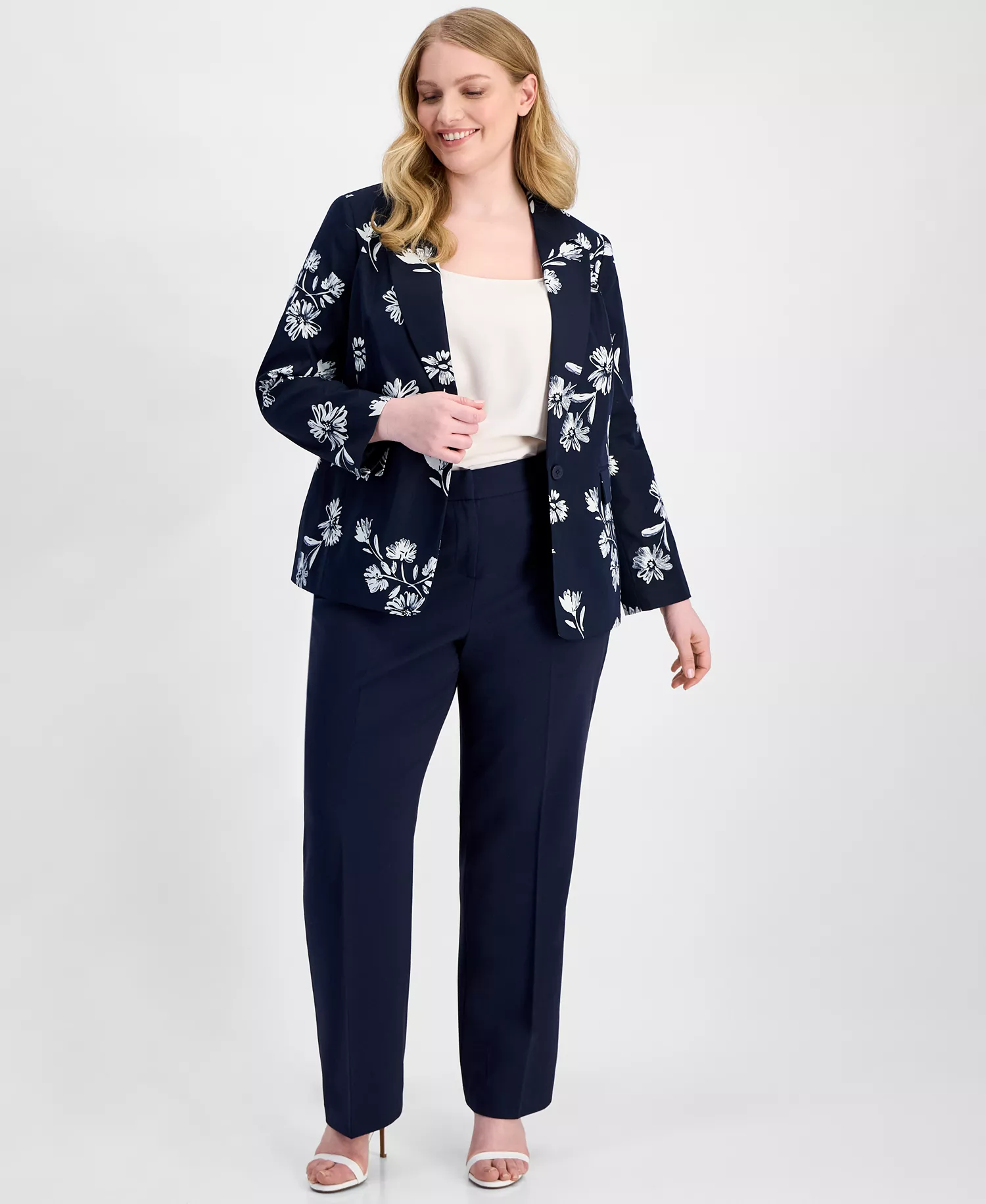 Plus Size Printed Notch-Lapel Blazer  - Navy Ivory - 14W