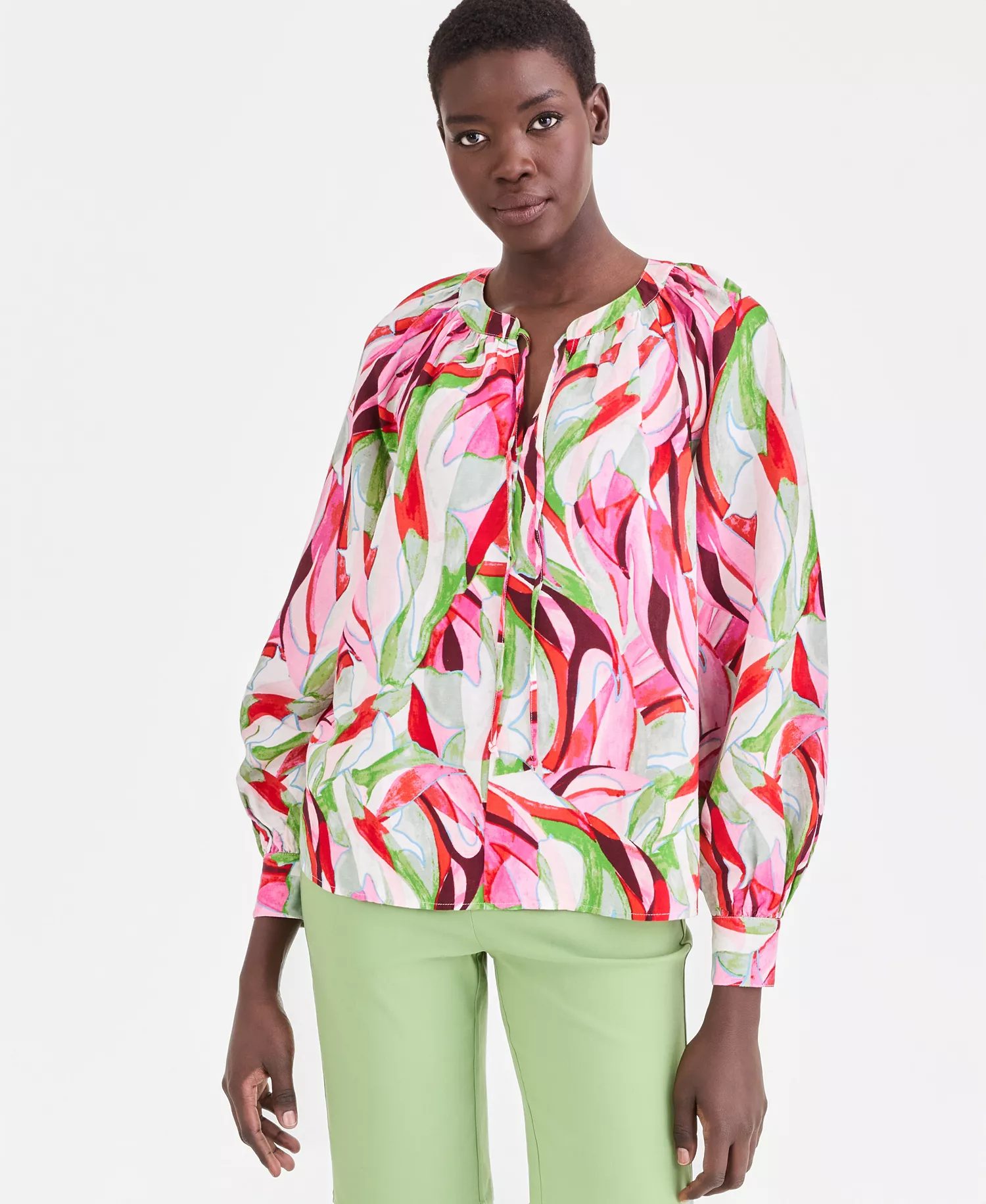 Petite Tie-Neck Top, Macy's Exclusive - Casey Abstract - P/L