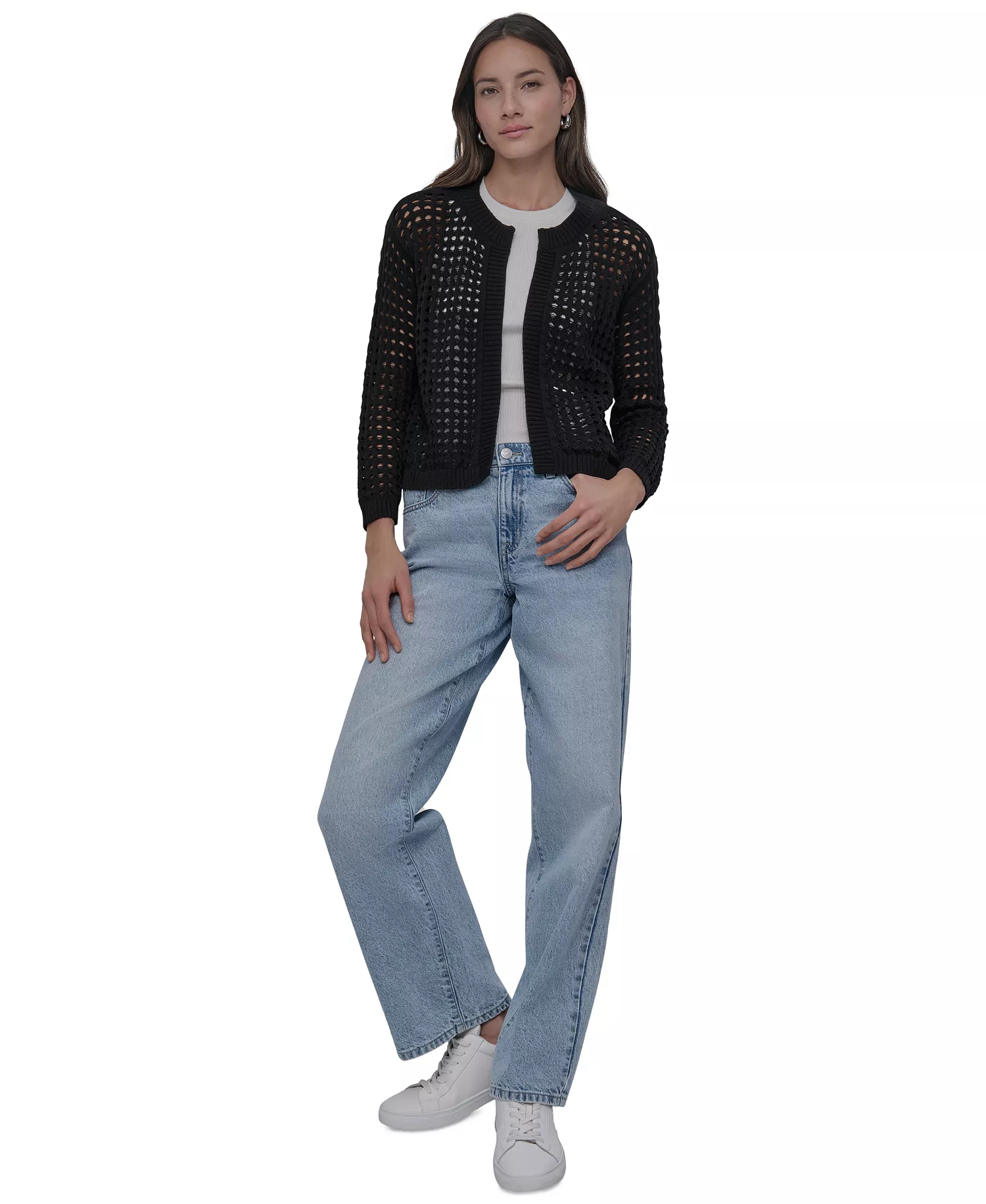 Petite Open-Stitch Cardigan Sweater - Black - P/L