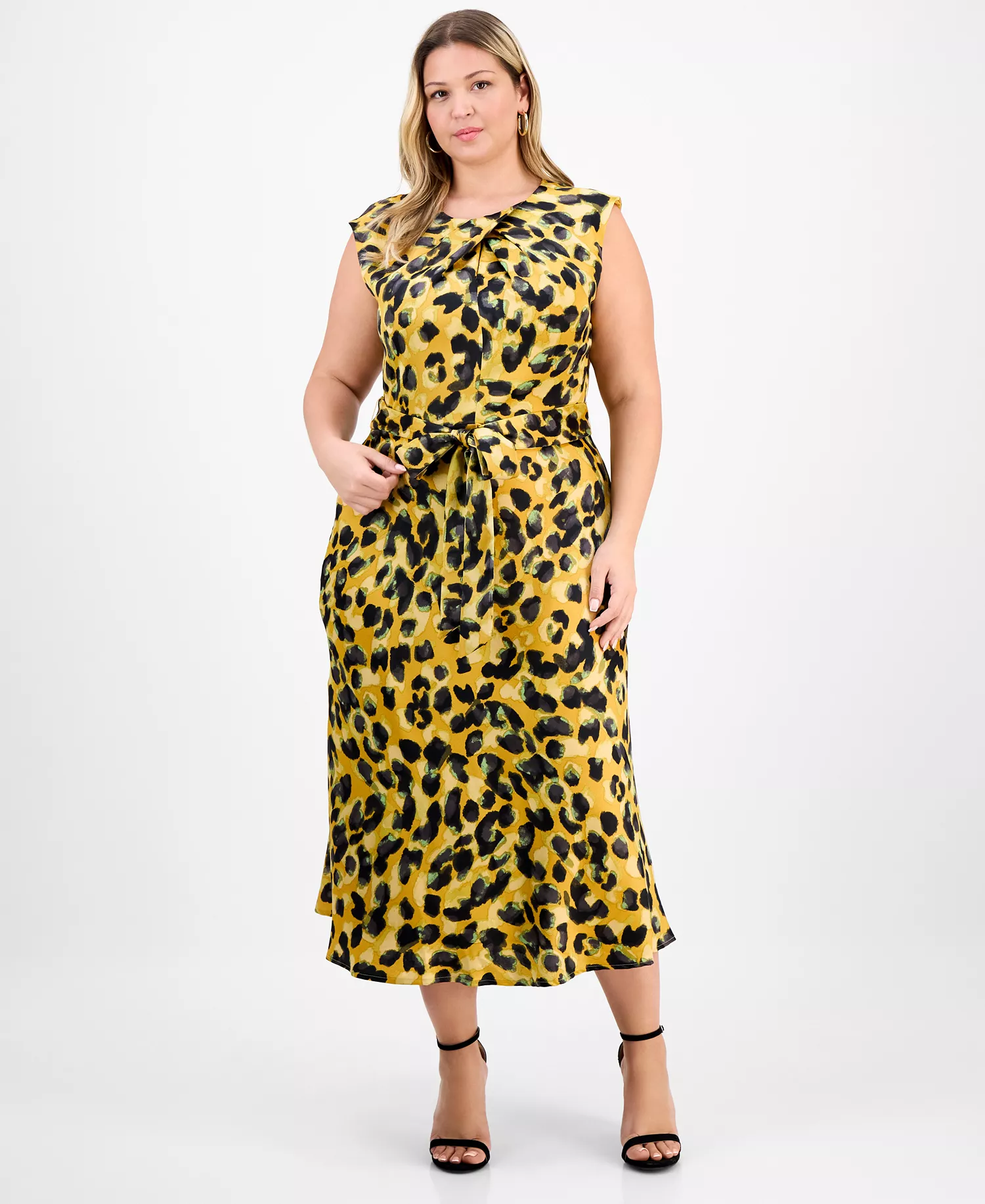 Plus Size Pleat-Neck Waist-Tie Midi Dress - Ginger Leopard - 14W