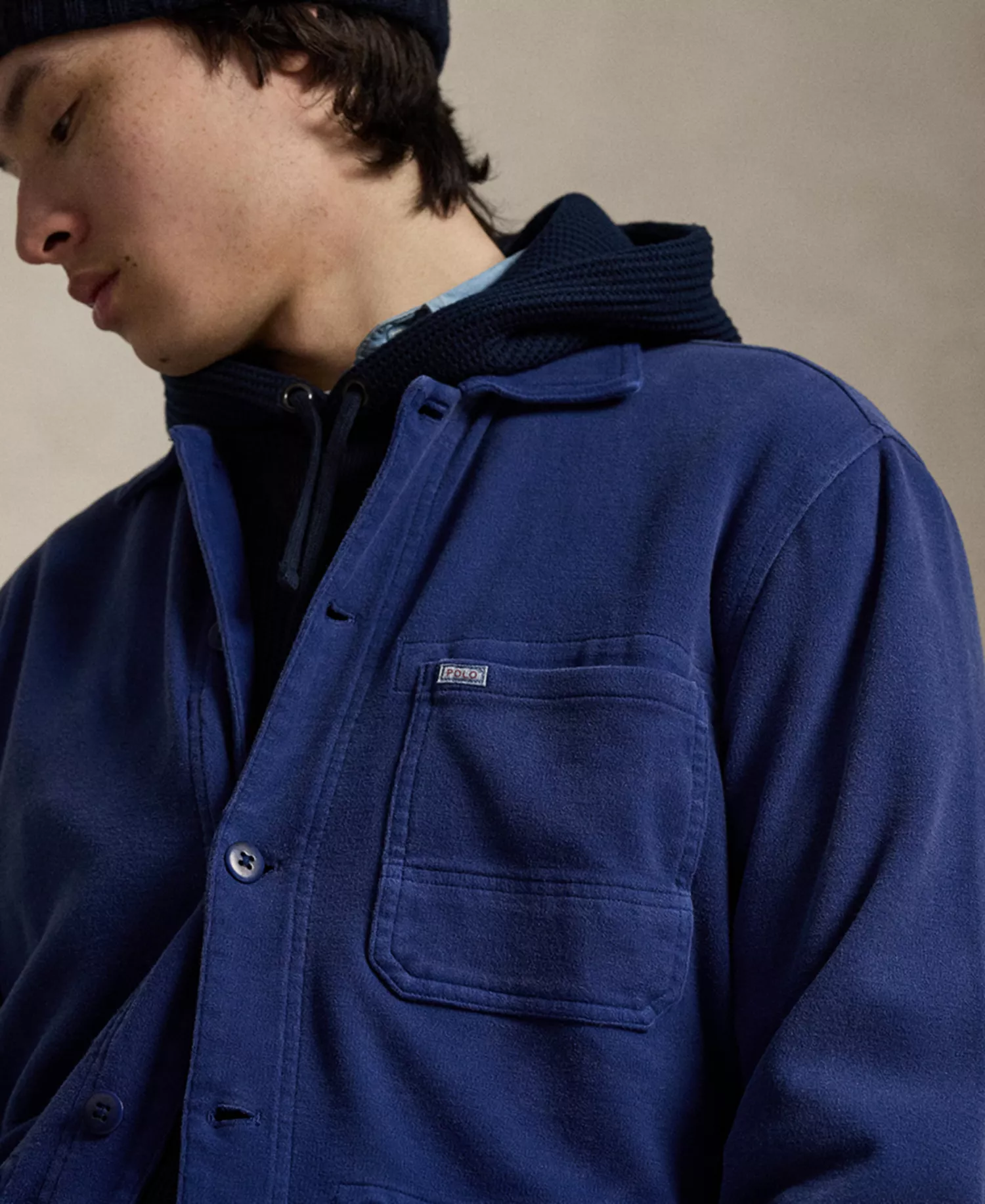 Men's Straight Collar Long-Sleeve Overshirt - Dark Navy - 2XL