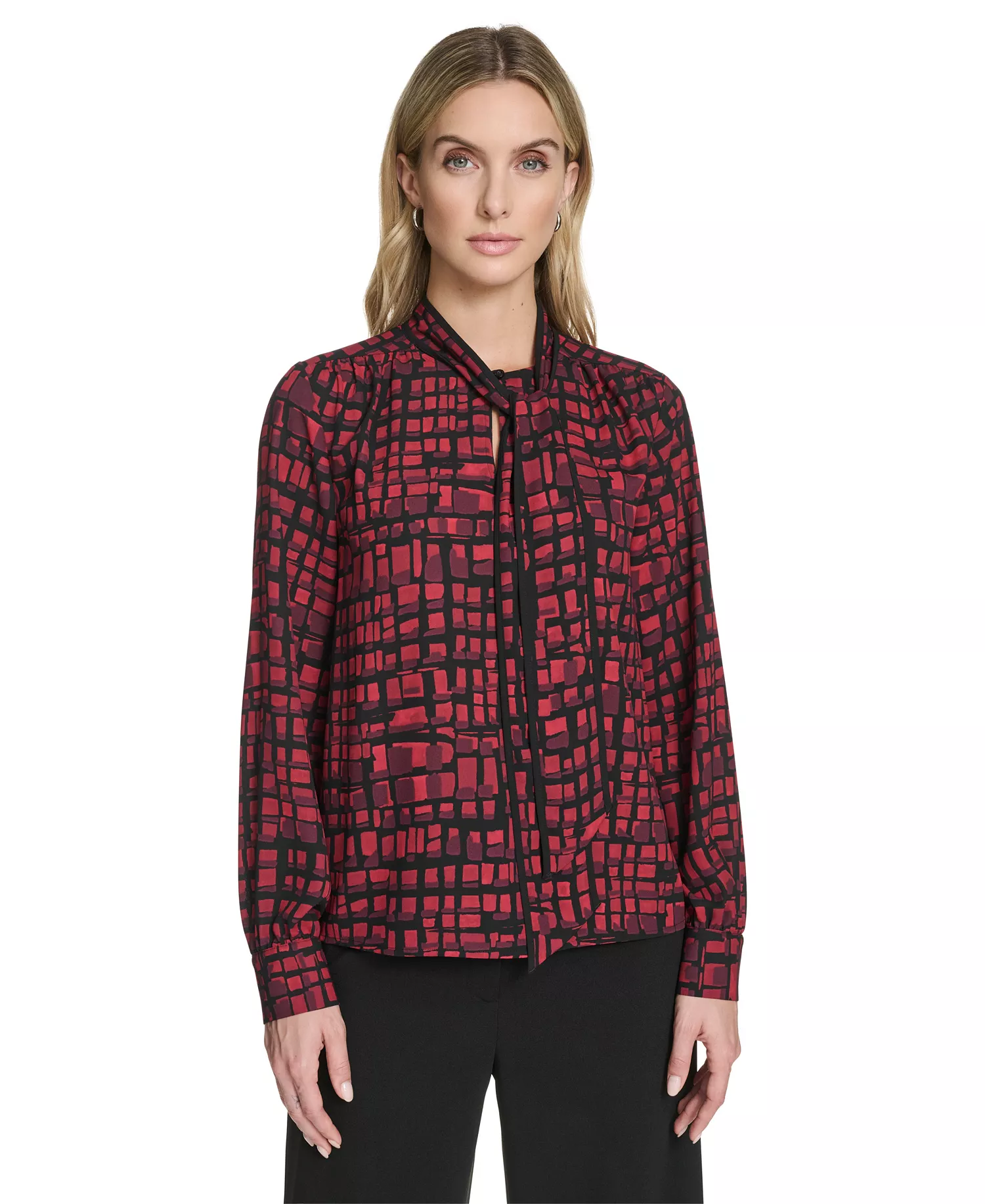 Petite Printed Long Sleeve Tie Neck Top - Cranberry Multi - P/L