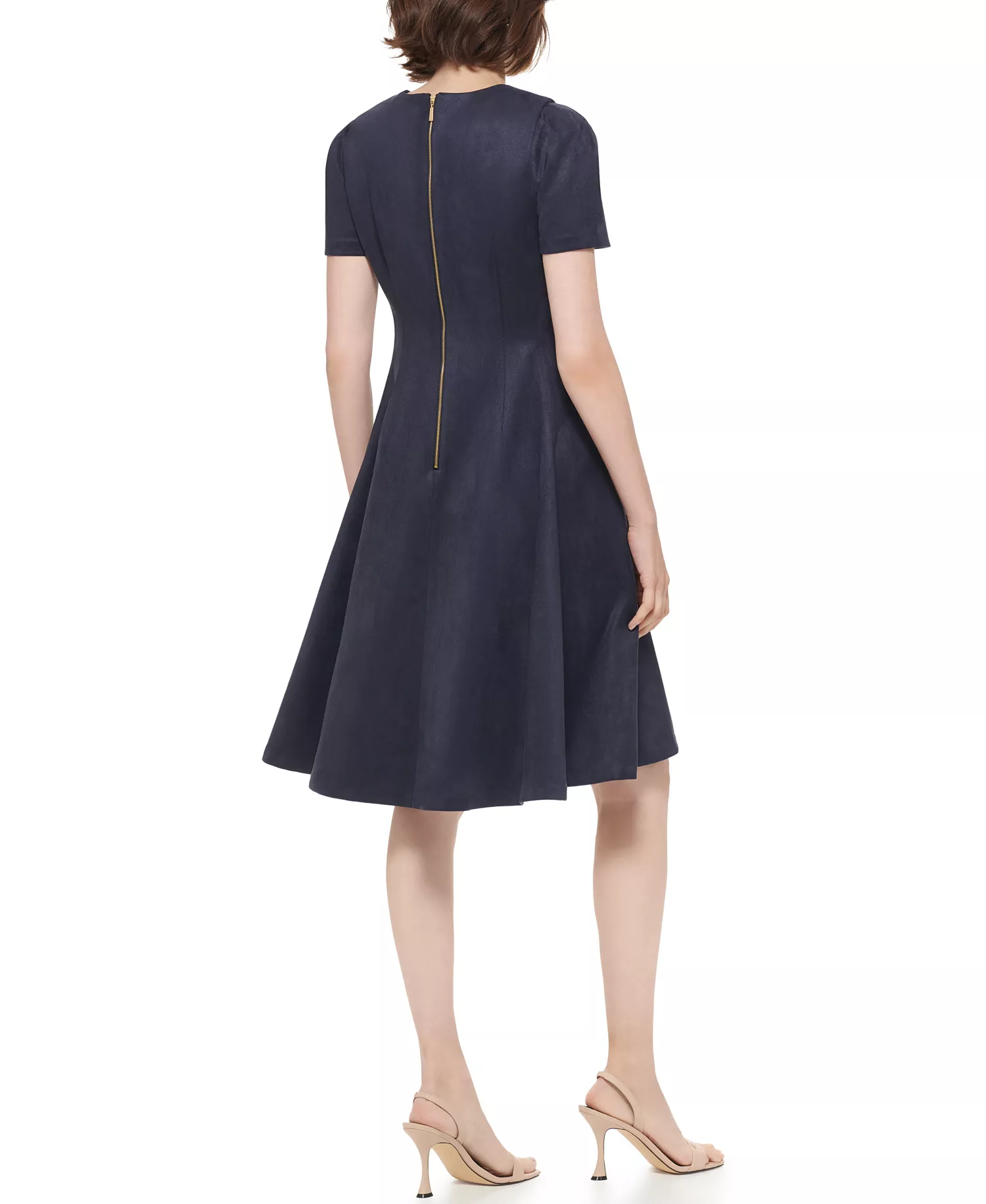 Petite Short-Sleeve Scuba Suede Dress - Navy - 0P
