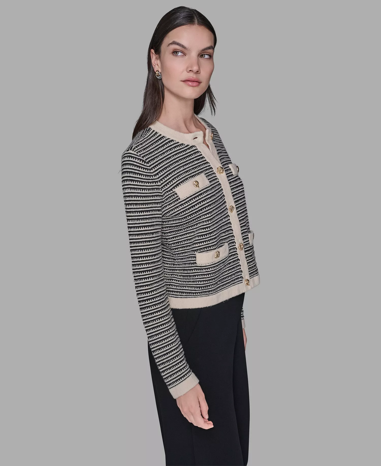 Women's Striped Crewneck Cardigan Sweater - Birch/black Lurex - L