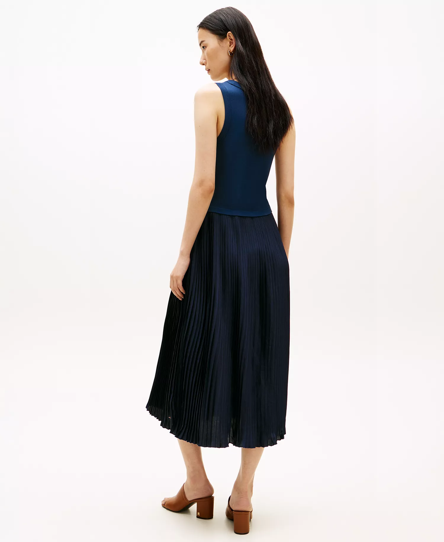 Women's Mix Media Pleated Sleeveless Midi Dress - Dark Night Navy - L