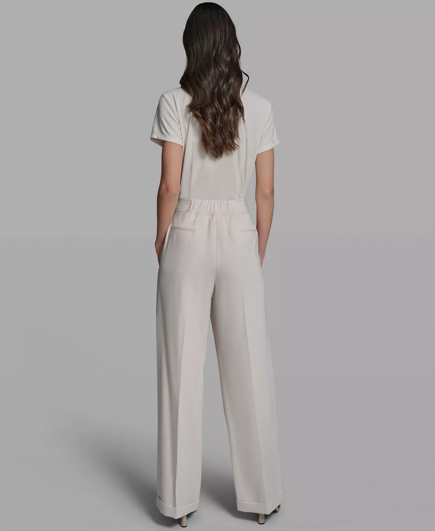 Women's Mid-Rise Elastic-Back Belted Wide-Leg Pants - Bisque - 0