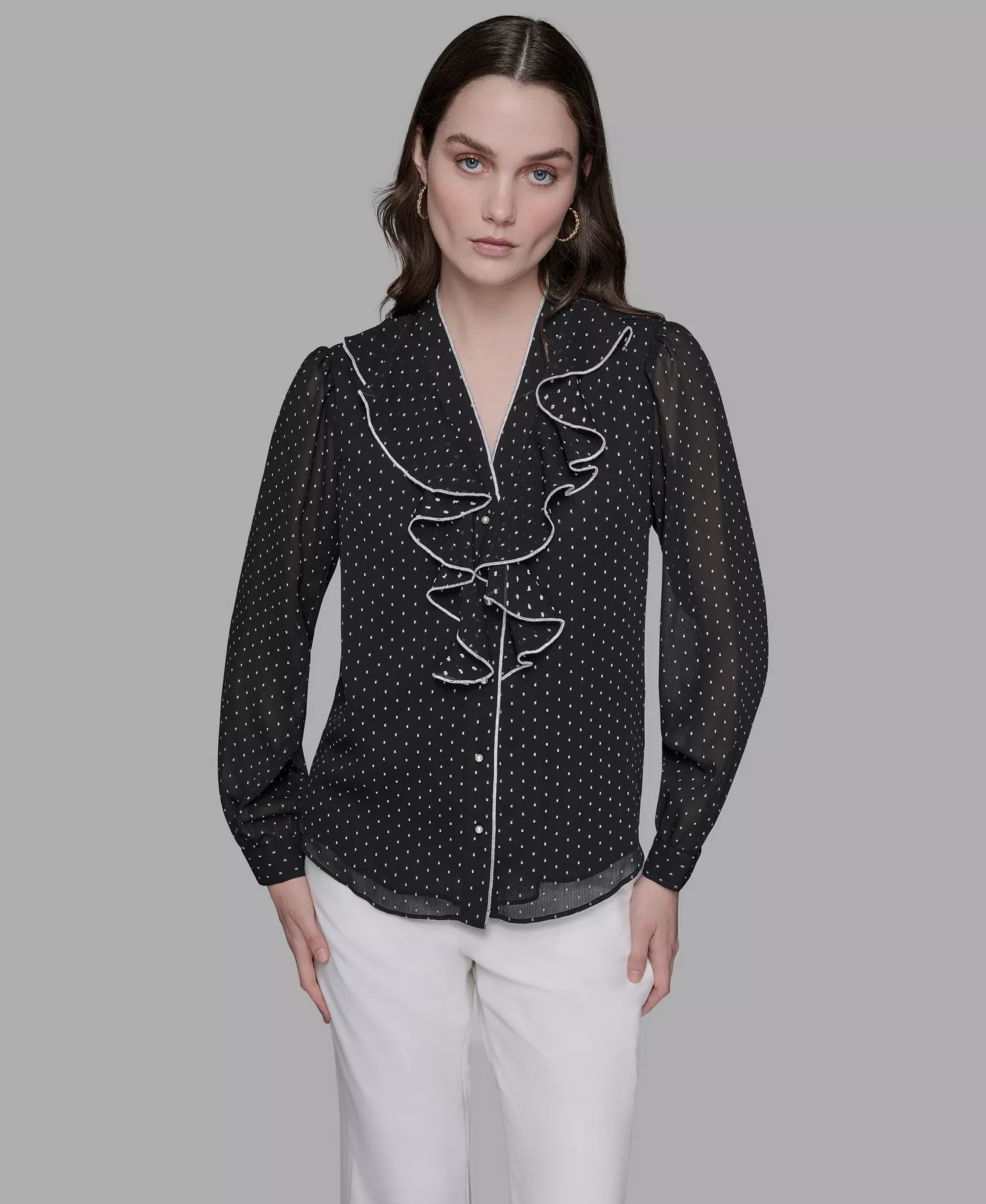 Women's Clip-Dot Ruffled Blouse Top - Black/soft White - L