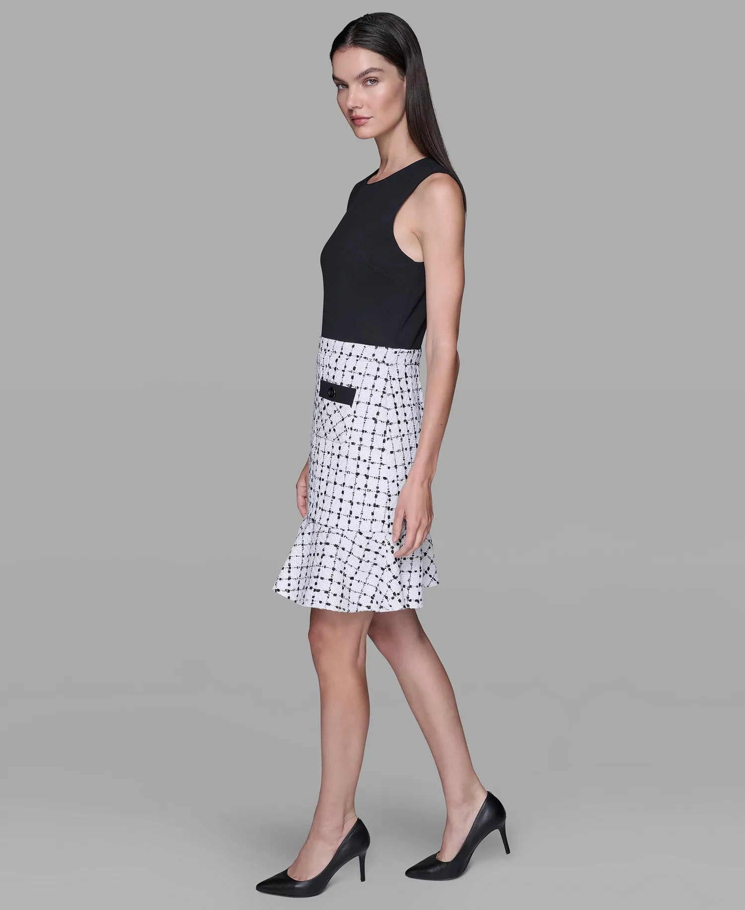 Women's Contrast Grid Tweed Sheath Dress - Soft White/Black - 10